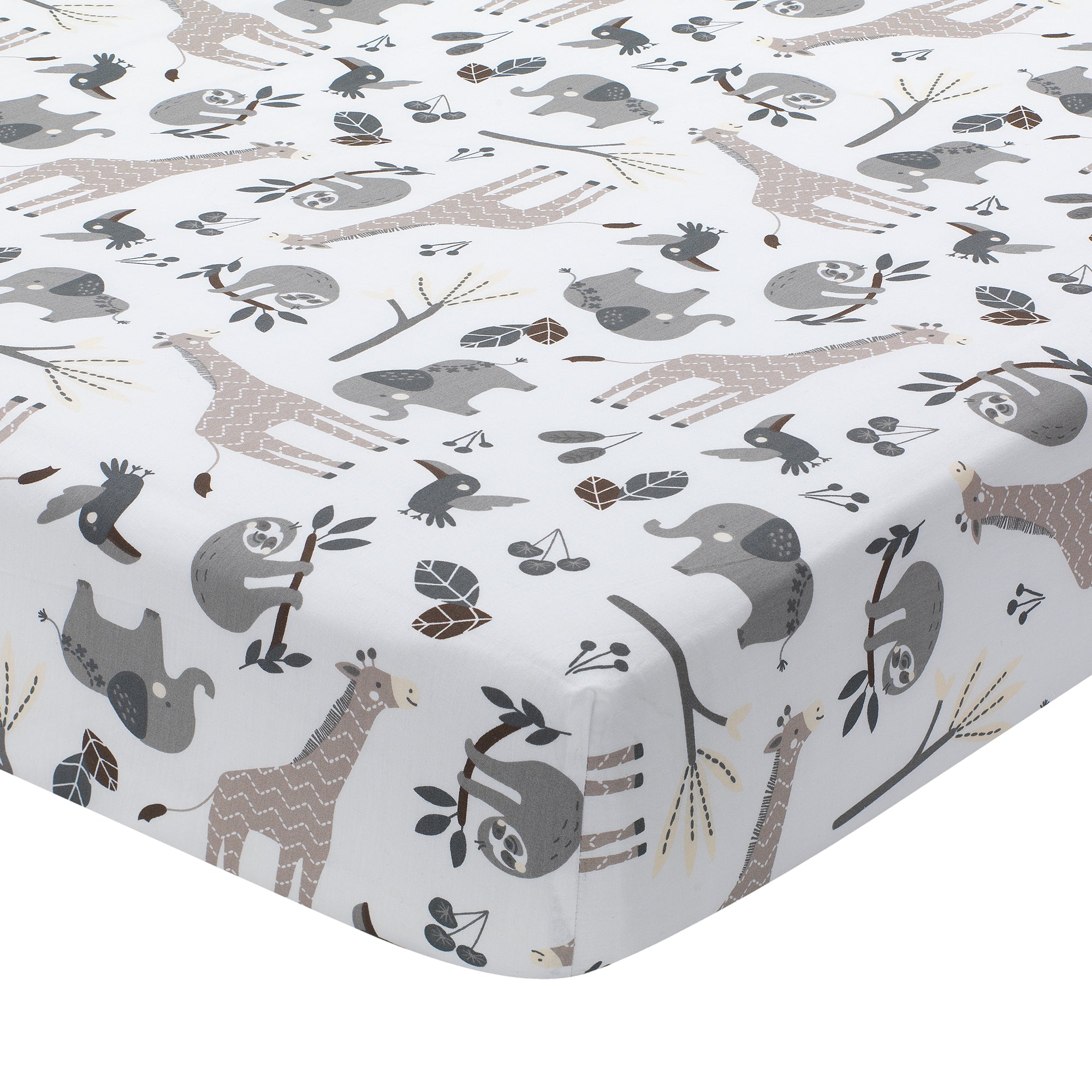 Baby Jungle Animals White/Gray/Taupe Cotton Fitted Crib Sheet - Main Image