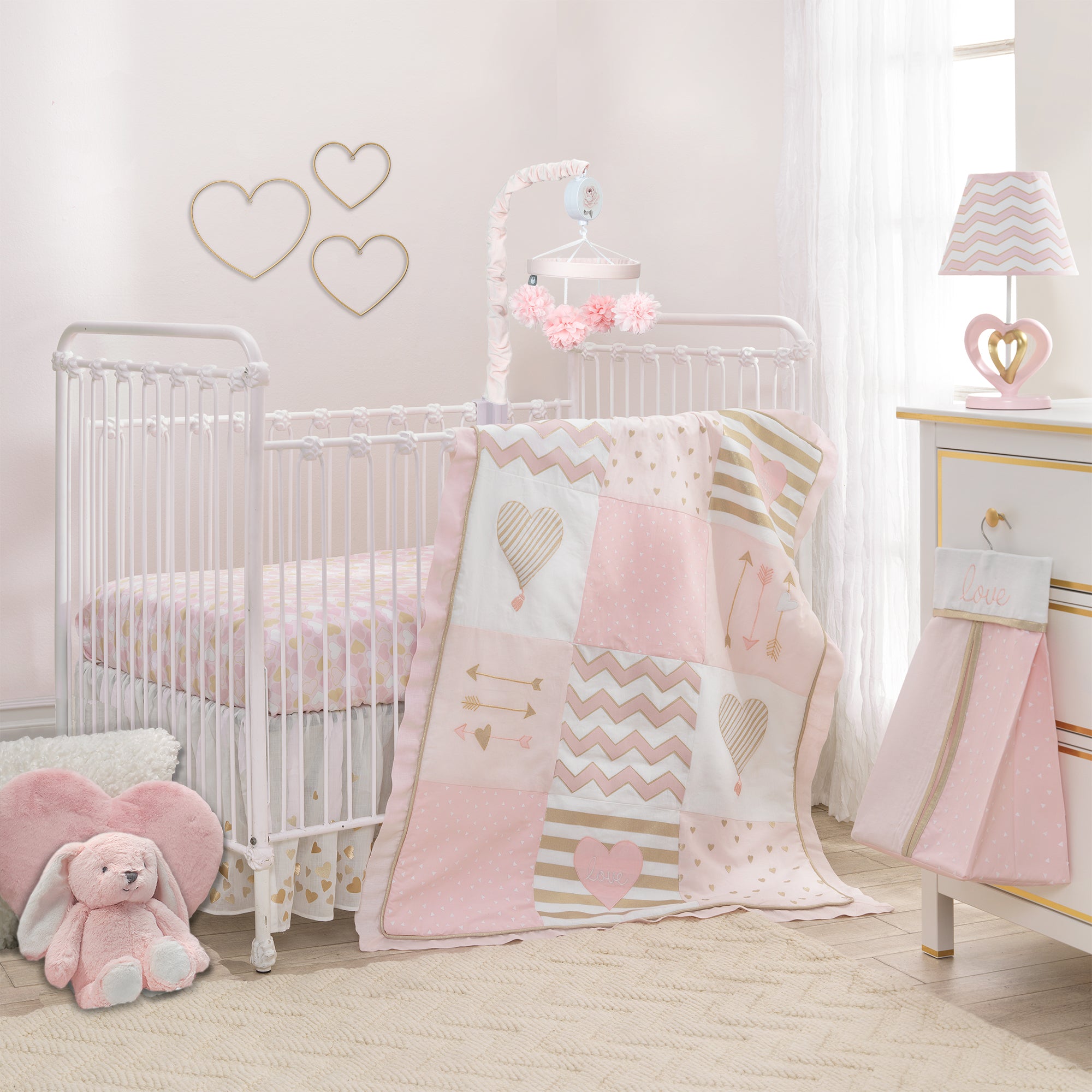 summer infant ultra plush changing pad cover chevron Baby Love Metallic Gold/Pink/White Hearts, Stripes and Chevrons 4-Piece Nursery Crib Bedding Set – Lambs & Ivy