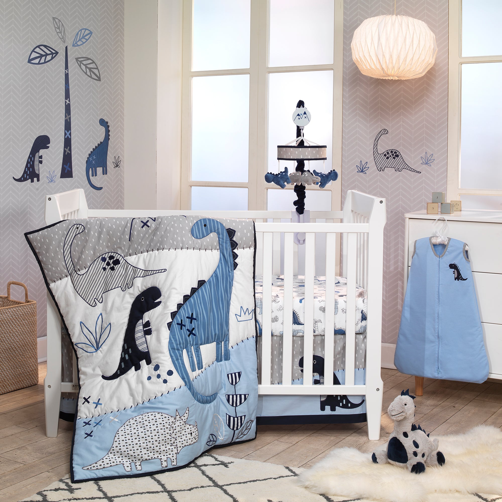 Baby Dino Blue/White Dinosaur Nursery 6-Piece Crib Bedding Set – Lambs \u0026 Ivy, image size:2000x2000