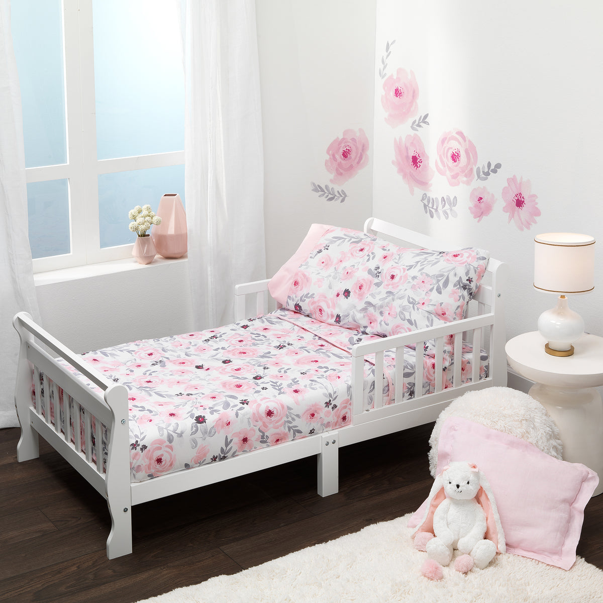 Blossom 4 Piece Pink Gray Watercolor Floral Toddler Bedding Set Lambs Ivy