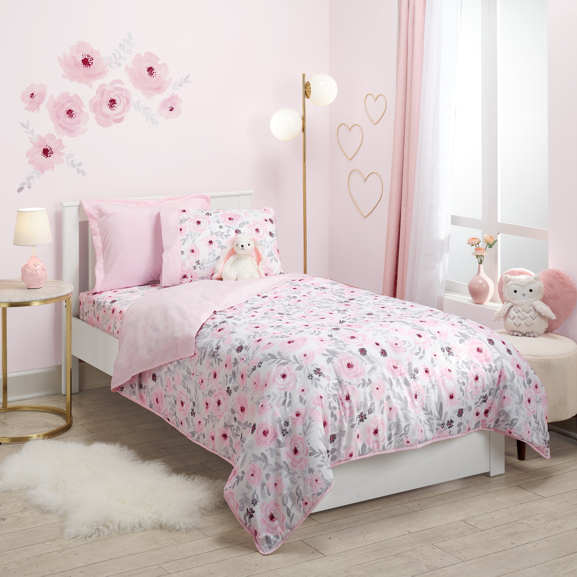 Blossom Watercolor Floral Twin Size Quilt and Pillow Sham Set