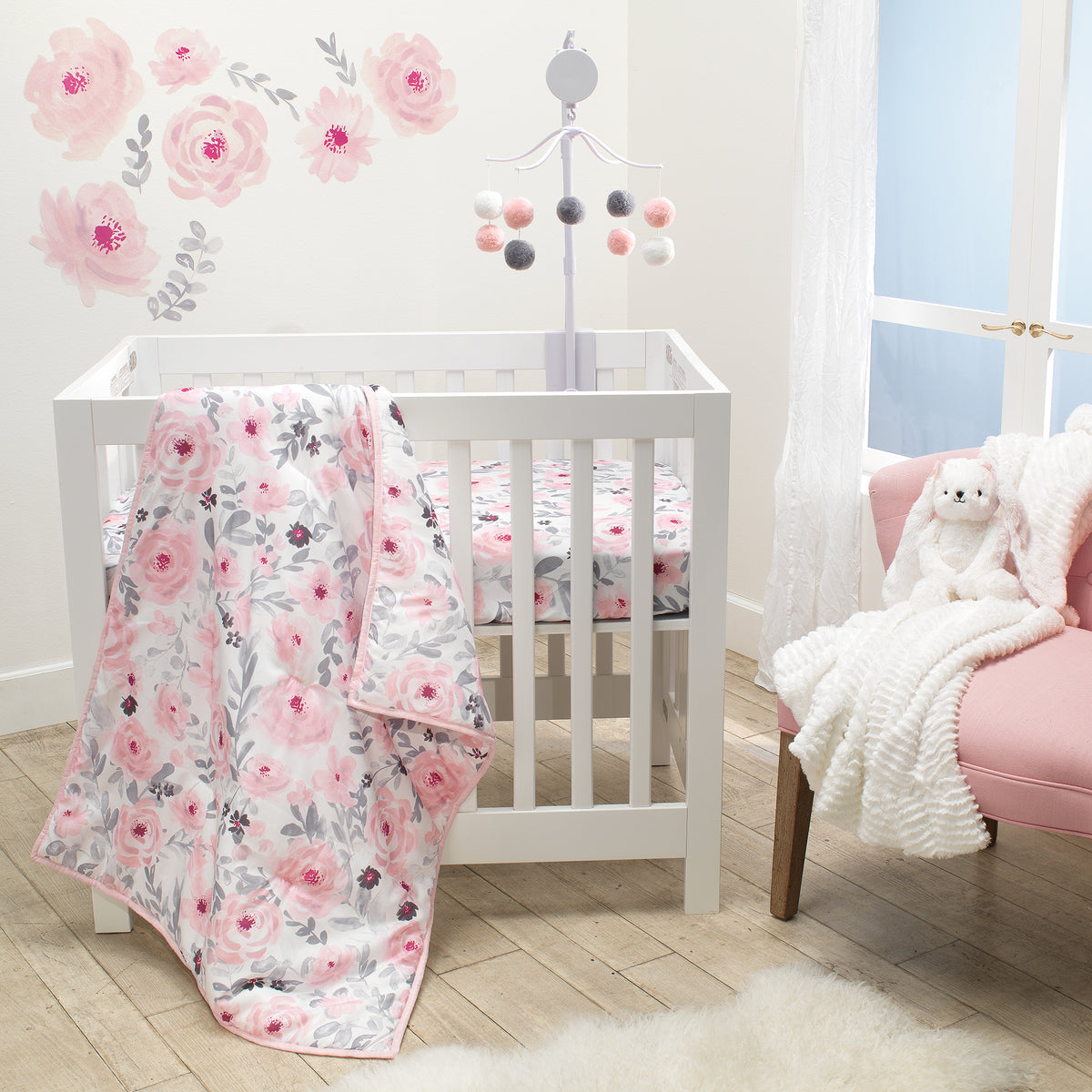 Blossom Pink Watercolor Floral 3 Piece Mini Crib Bedding Set Lambs Ivy