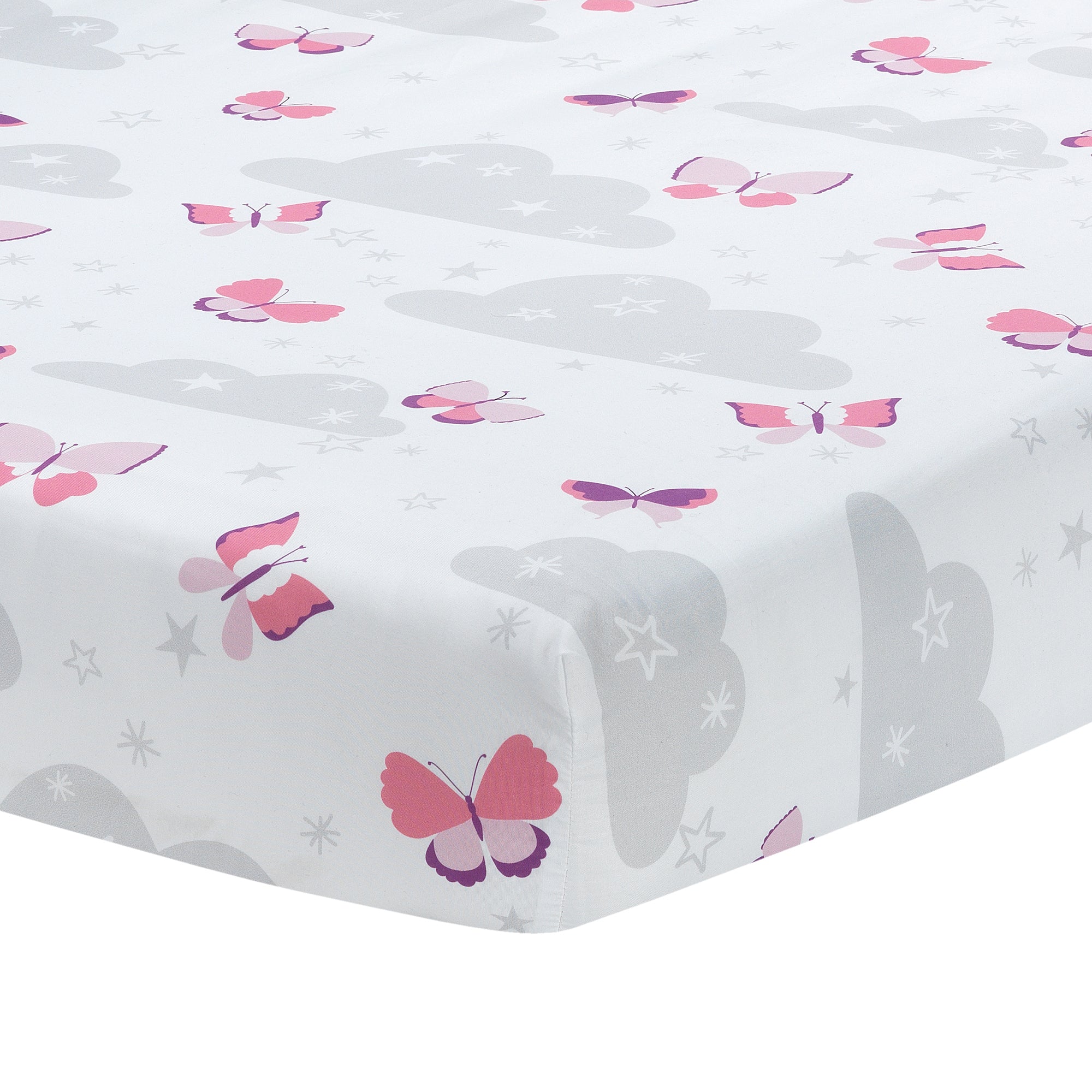 Butterfly Kisses Pink/White/Gray Cloud/Star Fitted Crib Sheet