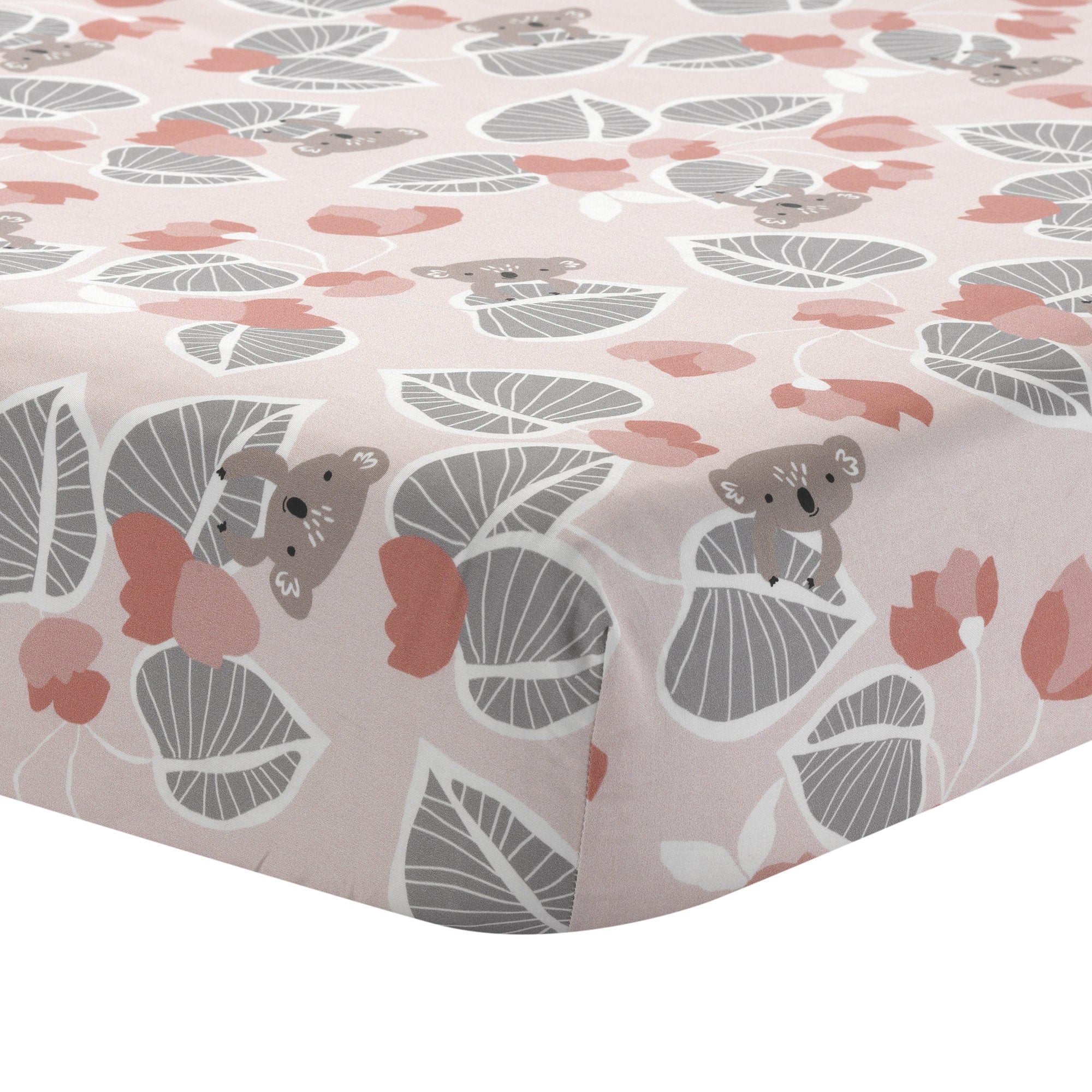 Calypso Pink/Gray Koala with Leaf Print 100% Cotton Fitted Crib Sheet