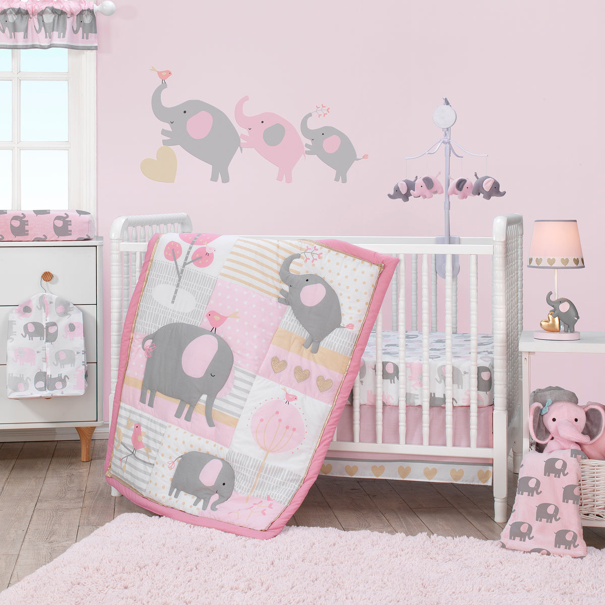 Eloise Pink Gray Gold White Elephant 3 Piece Nursery Baby Crib Bedding Set Lambs Ivy