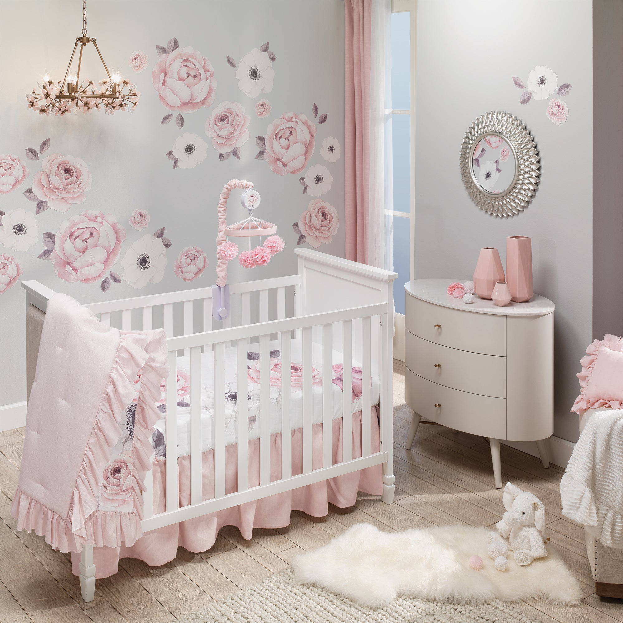 Floral Garden Watercolor/Pink Linen 5-Piece Baby Crib Bedding Set