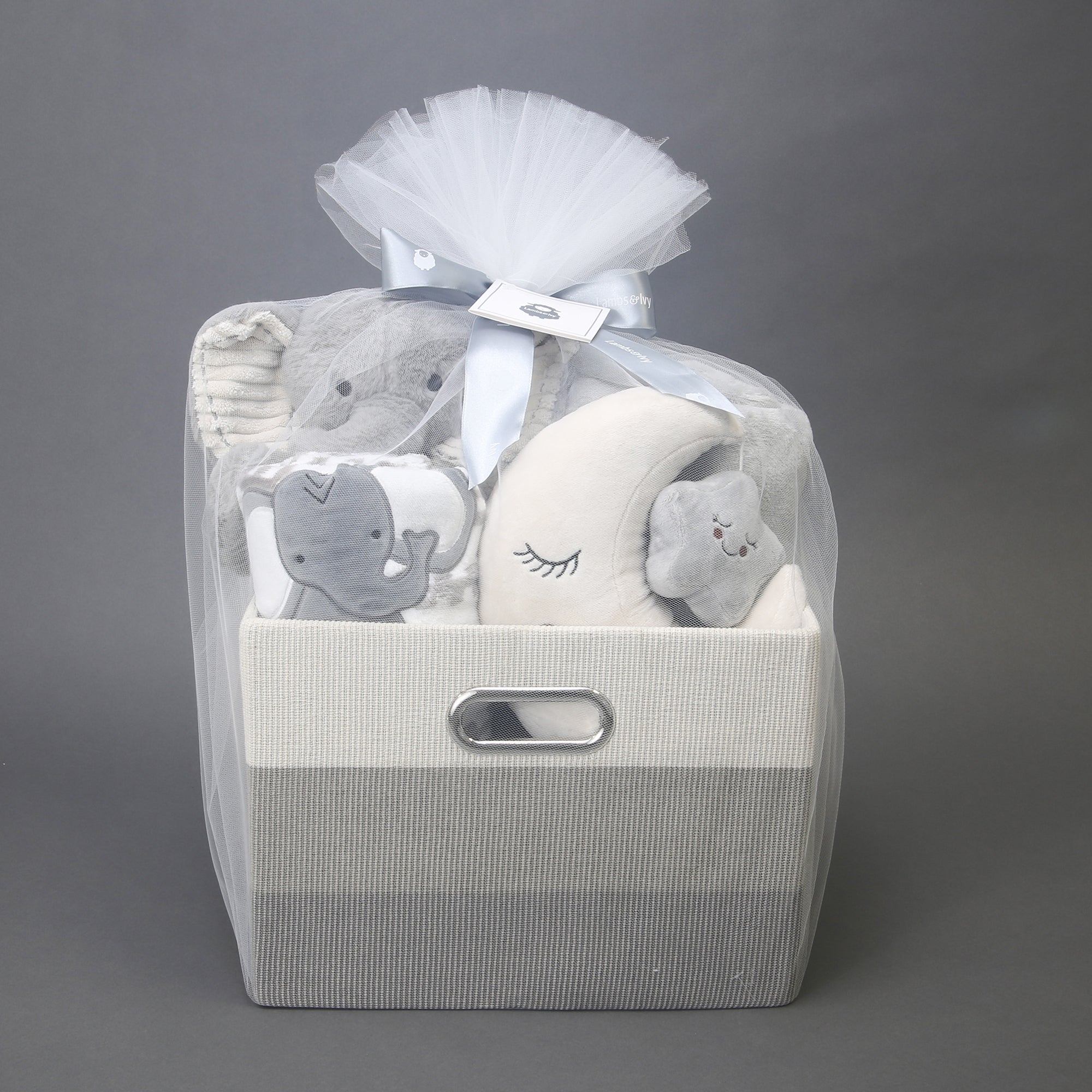 Gray 5-Piece Baby Gift Basket for Baby Shower/Newborn Welcome Home