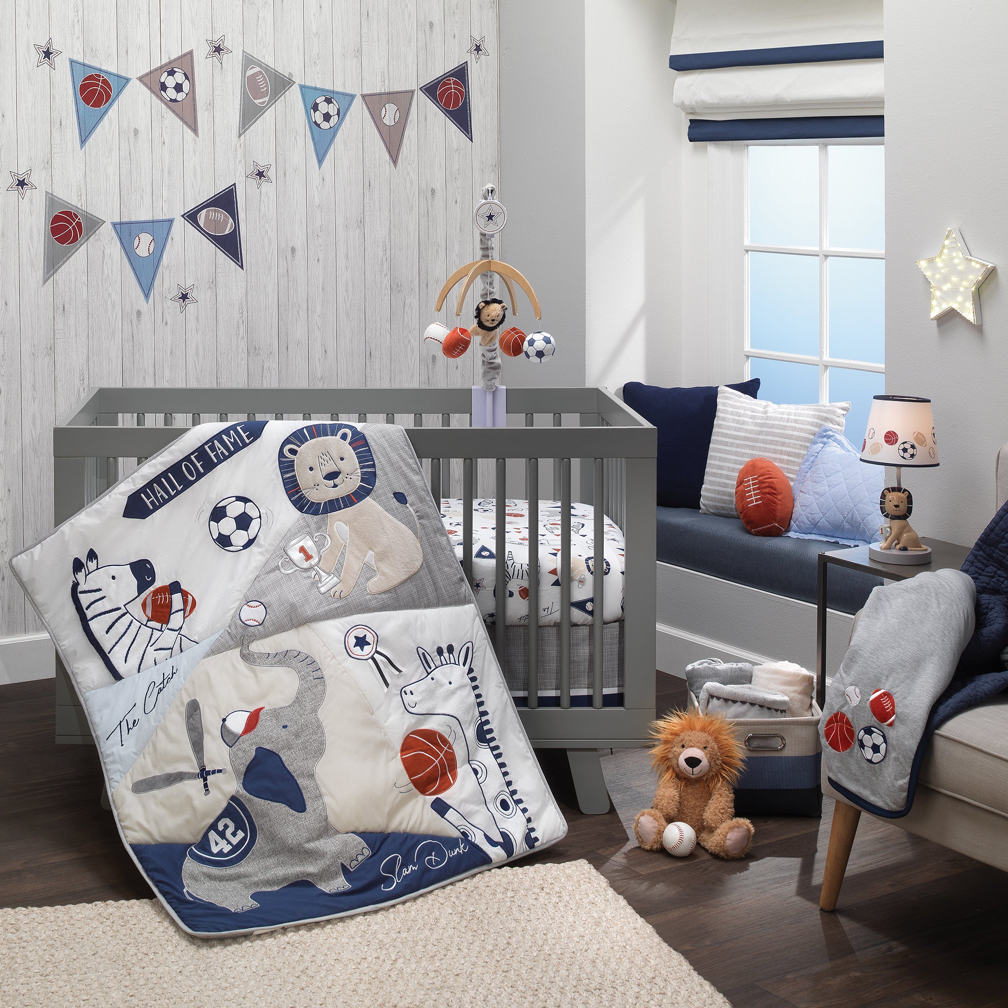 Hall of Fame Sports Animals 5-Piece Crib Bedding Set - Gray/Blue – Lambs \u0026  Ivy, image size:2000x2000