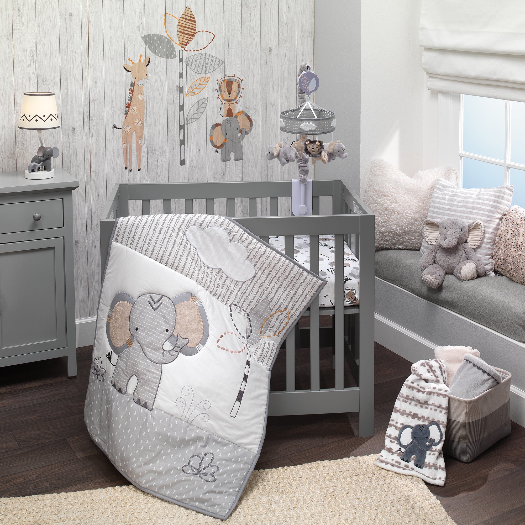 Jungle Safari Elephant 3-Piece Mini Crib Bedding Set Gray/White