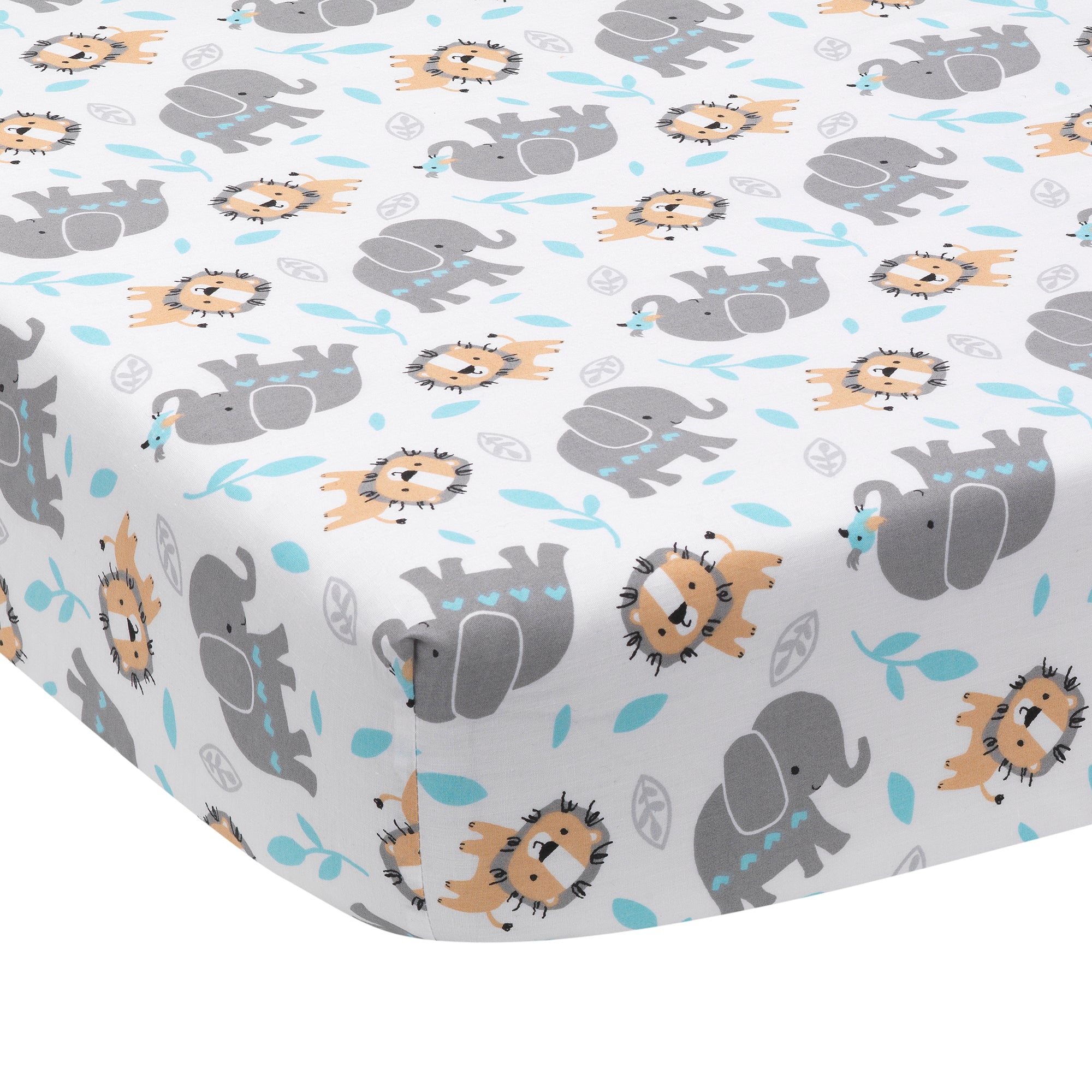 Jungle Fun White/Gray/Blue Elephant Lion Baby Fitted Crib Sheet