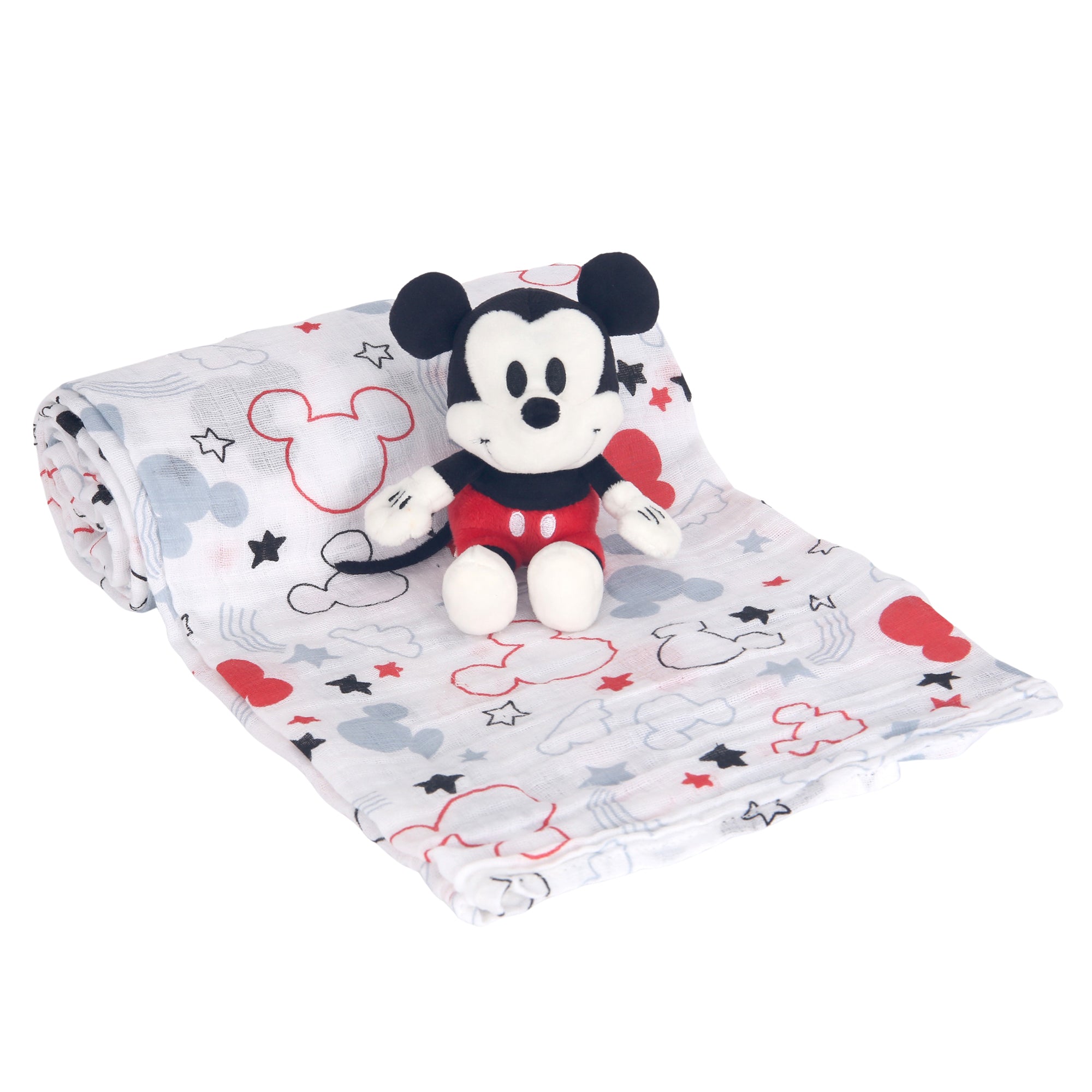 Disney Baby Mickey Mouse Muslin Swaddle Blanket Plush Gift Set