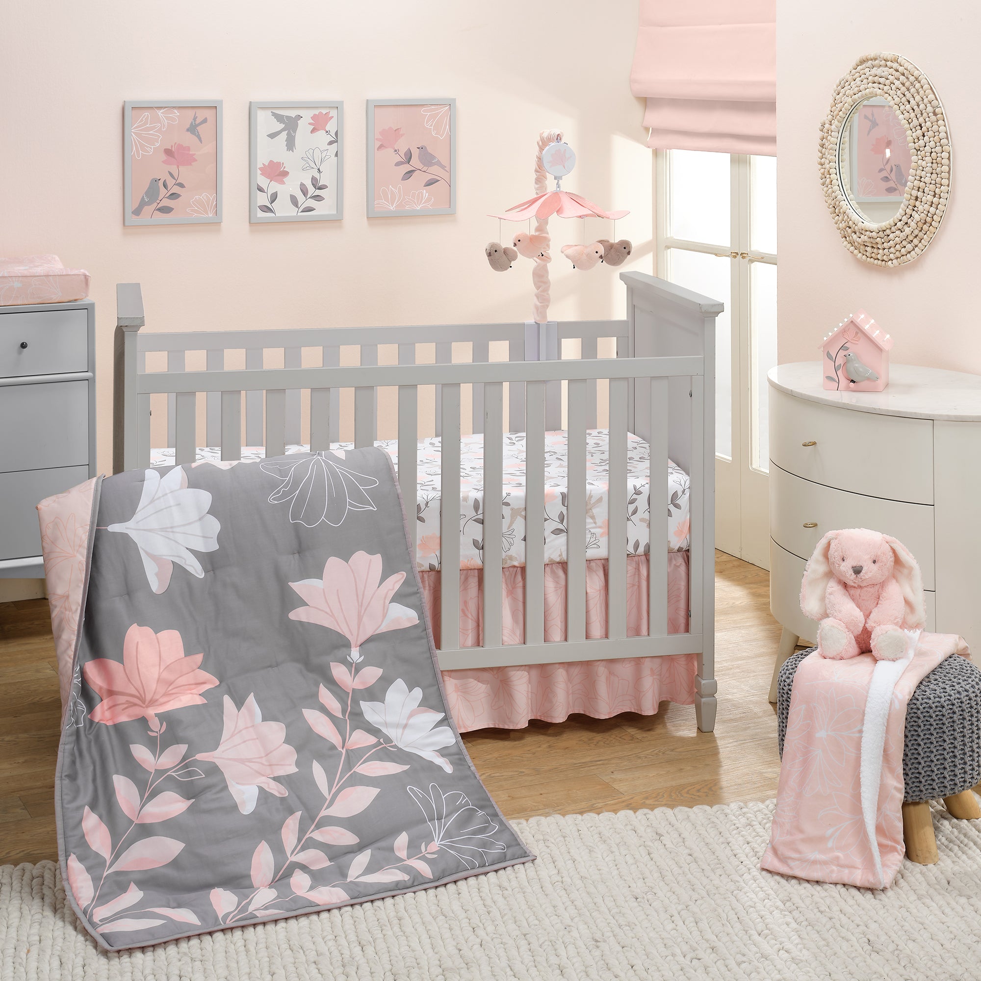 Petals Gray/Pink Sateen Cotton Floral 3-Piece Baby Crib Bedding Set Lambs & Ivy Petals Gray/Pink Sateen Cotton Floral 3-Piece Baby Crib Bedding Set Lambs & Ivy