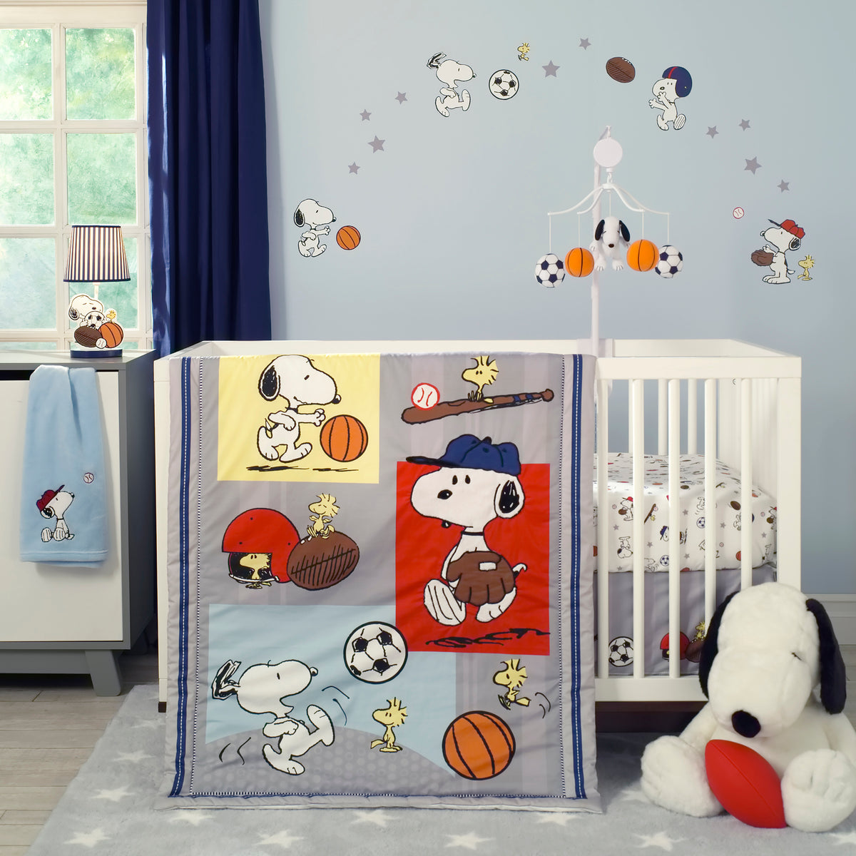 Snoopy Sports Gray Blue Yellow Red 3 Piece Nursery Baby Crib Bedding Set Lambs Ivy