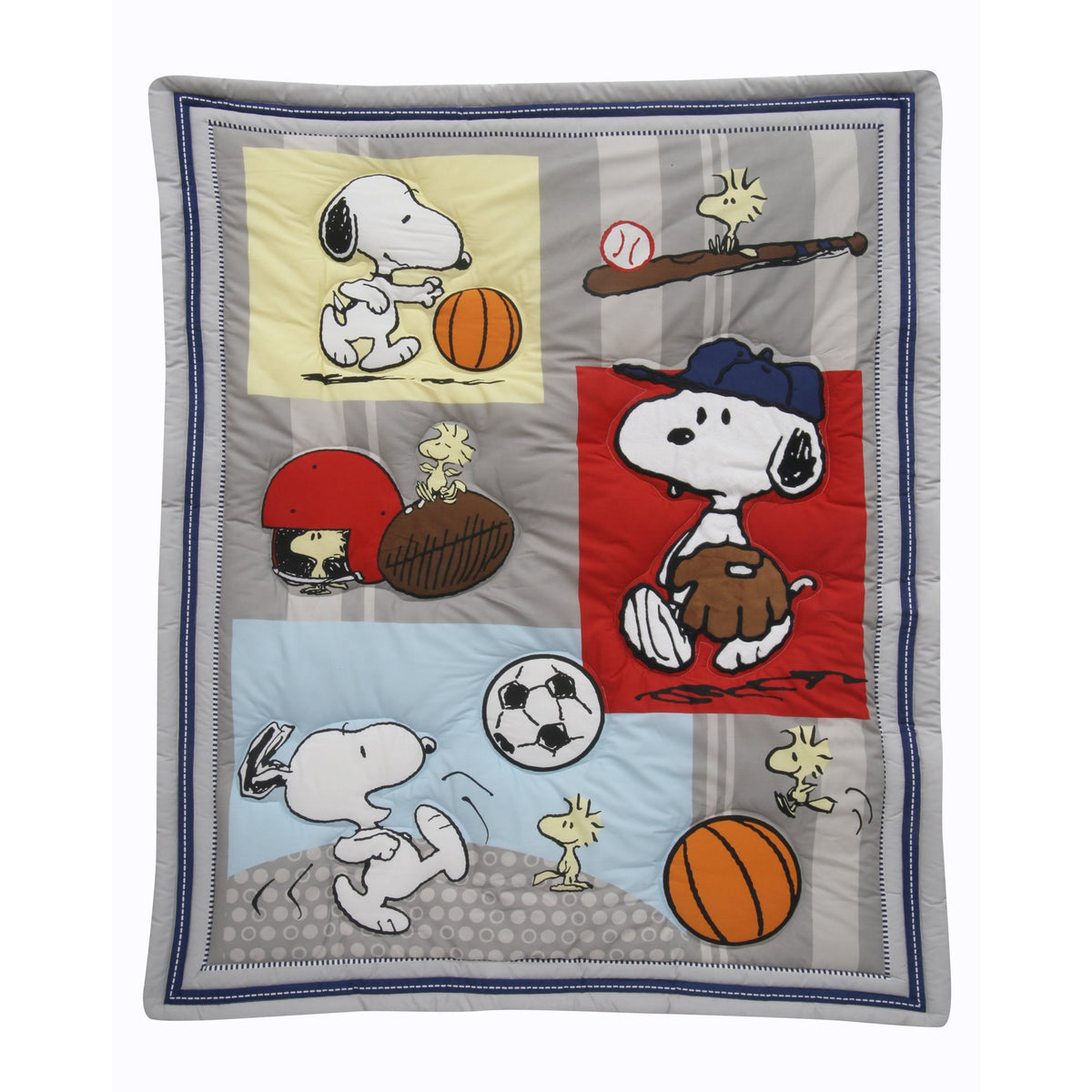 Snoopy Sports Gray Blue Yellow Red 3 Piece Nursery Baby Crib Bedding Set Lambs Ivy