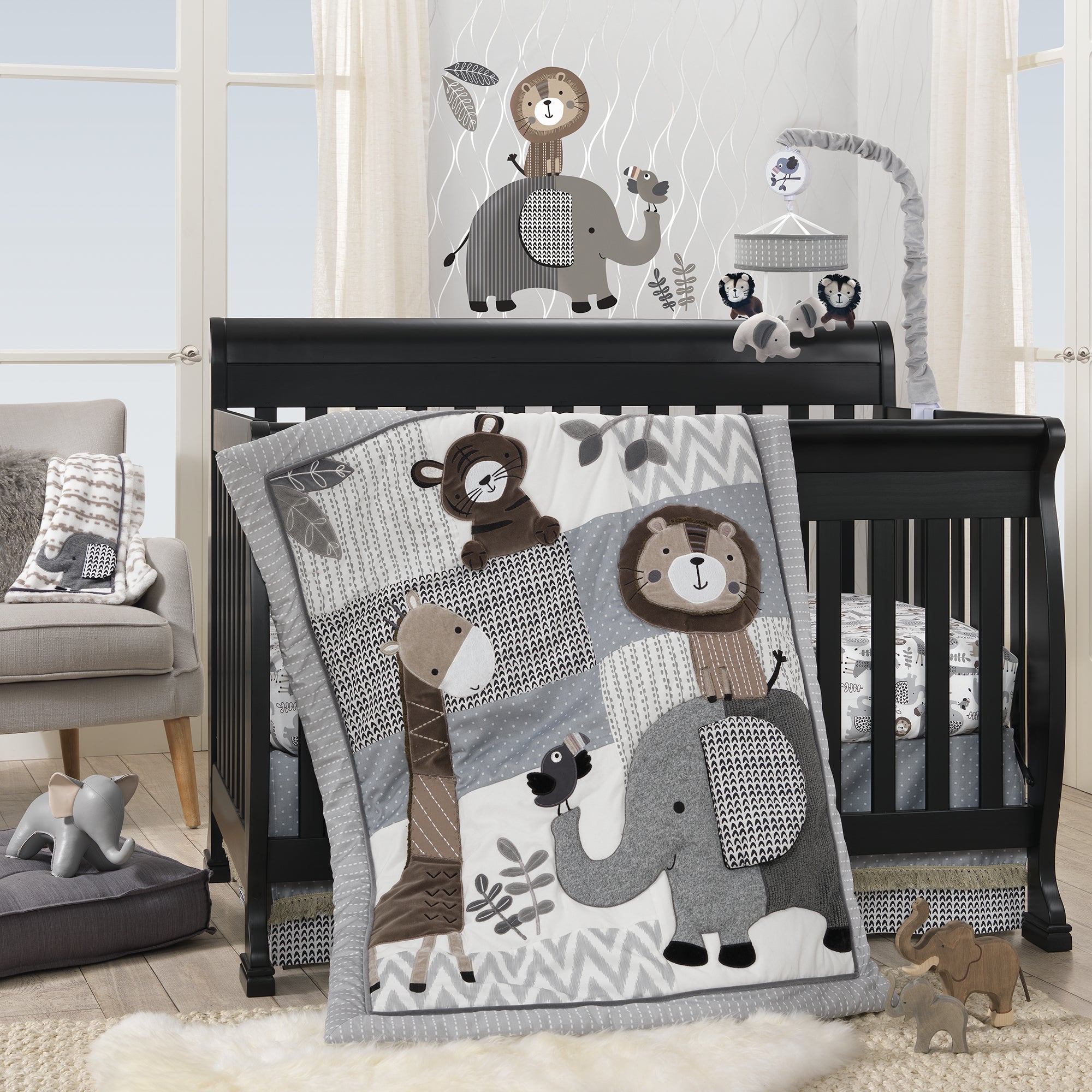 Urban Jungle Animals Gray/Brown/White Nursery 4-Piece Baby Crib