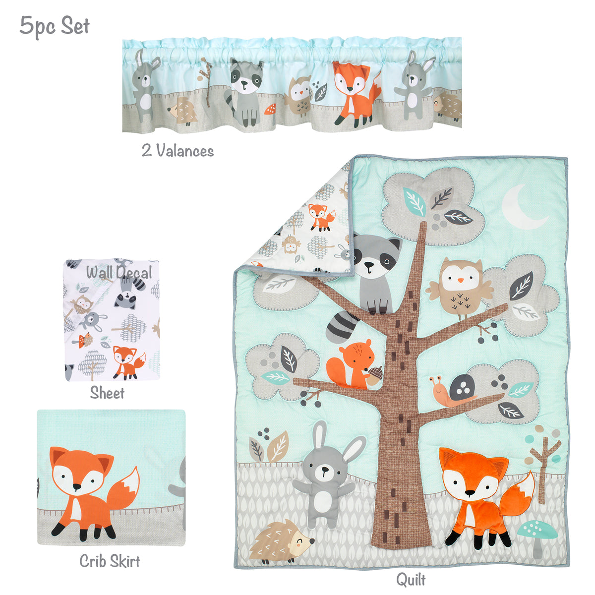 Woodland Friends Animals Mint Gray 5 Piece Crib Bedding Set Lambs Ivy