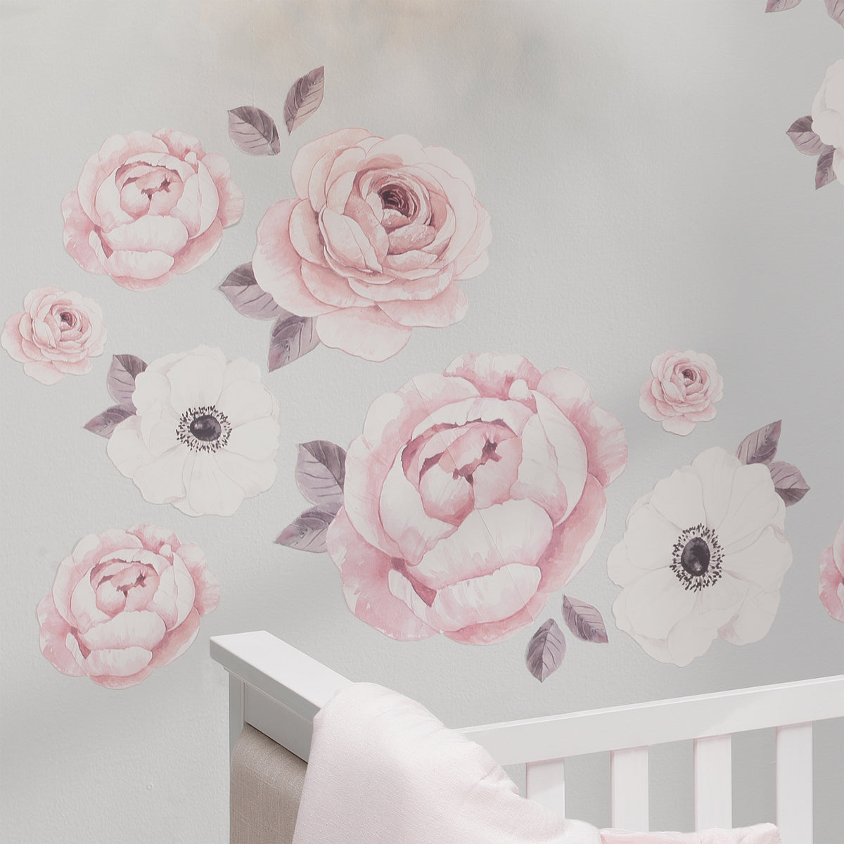 Decalcomania Flower Wall Decals - Set of 19 Pink White Rose Floral Bouquet  Wall Stickers for Nursery Bedroom Living Room Decor Removable Peel and