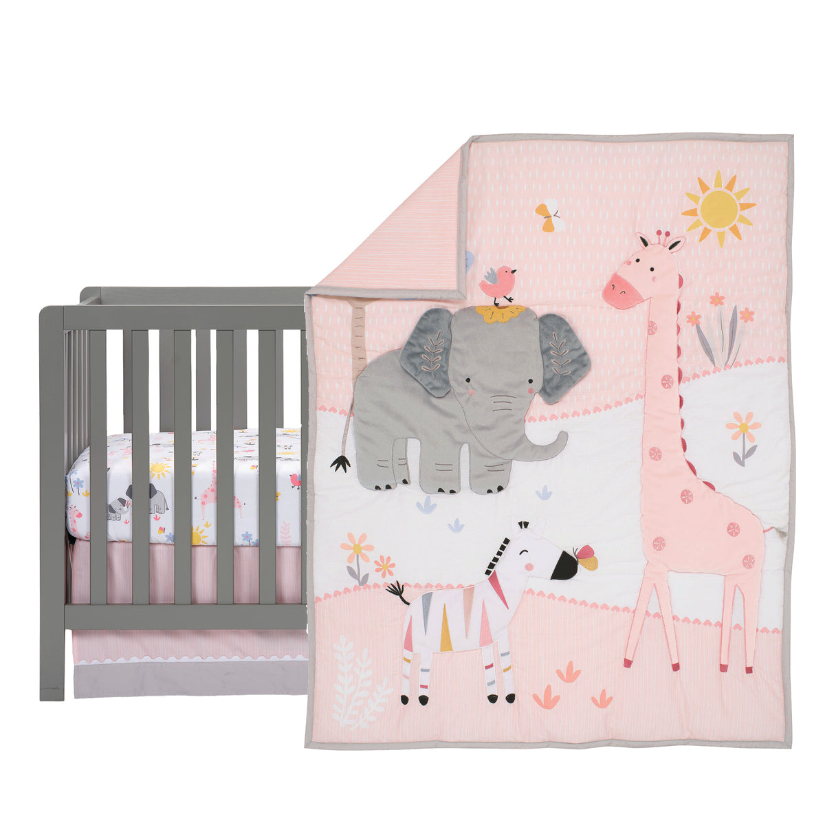 Jazzy Jungle 3-Piece Safari Animals Pink Baby Crib Bedding Set