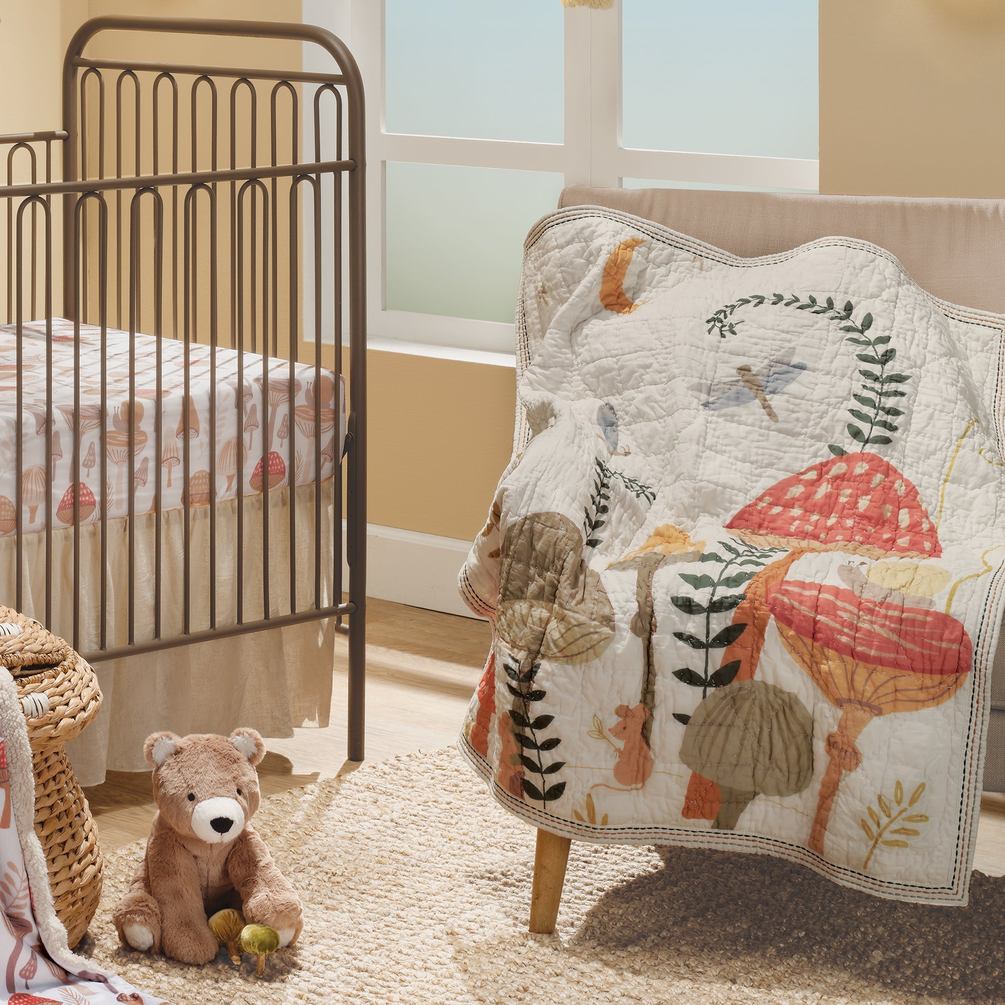 Mushroom Meadow Nursery with blanket, crib sheet, and more