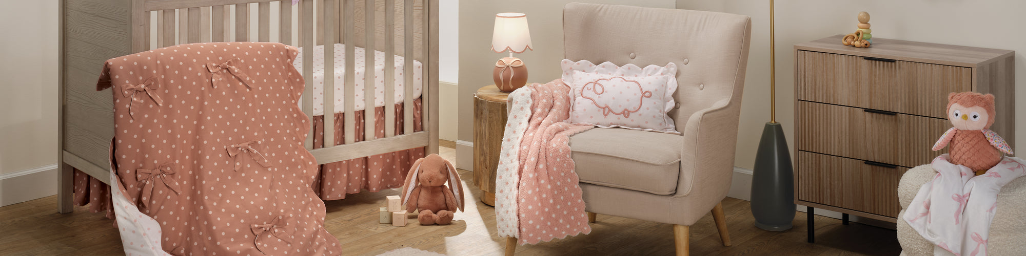 Coco Nursery Baby Crib Bedding Wide Image with crib set, plush, blanket and pillow