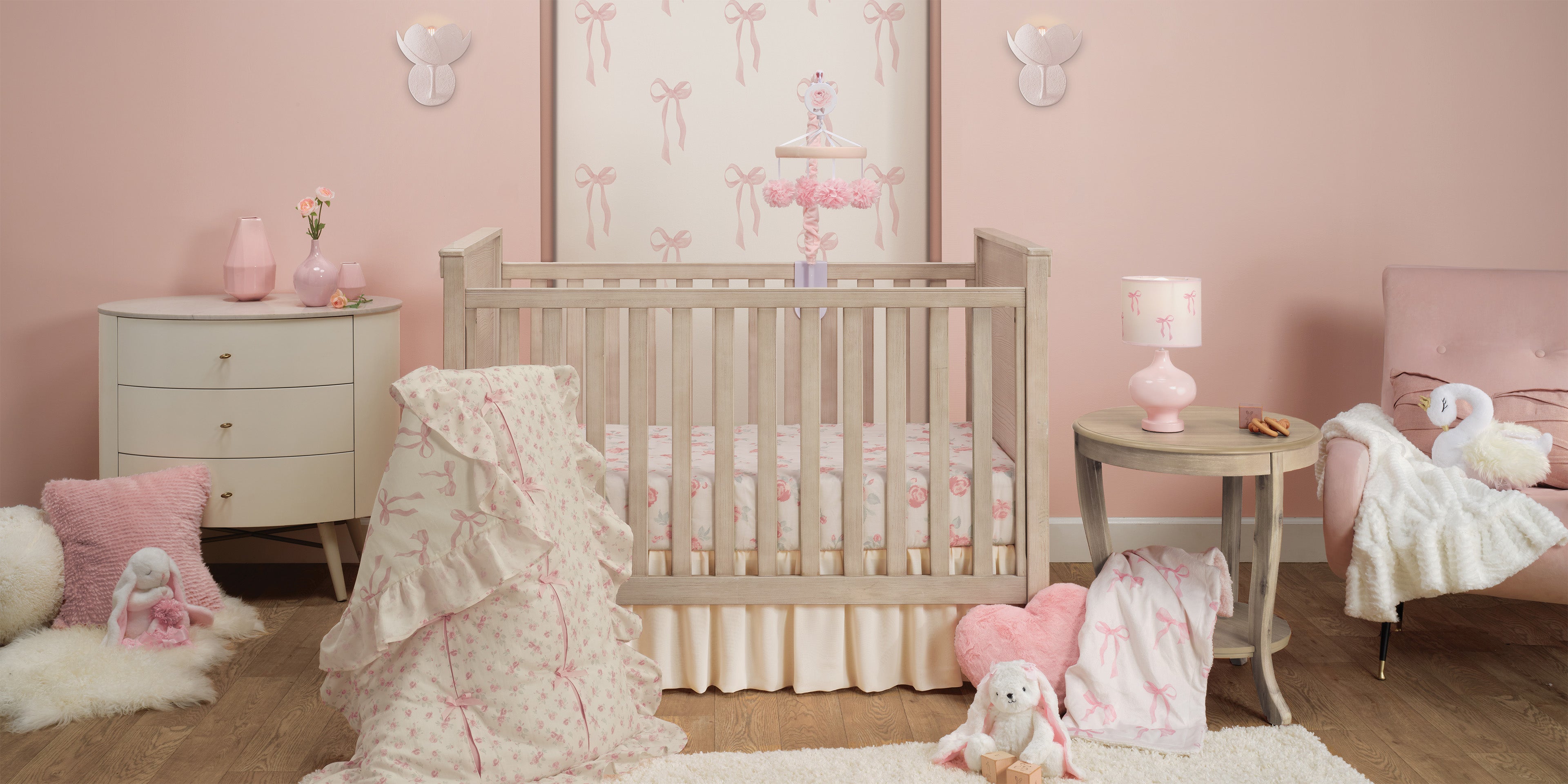 Coquette Floral Pink Bows Baby Nursery Crib Bedding Collection