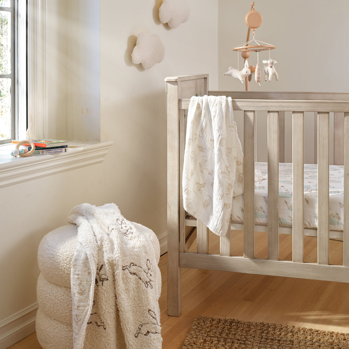 Signature Organic Bunny and Meadow baby blanket, sheet, swaddle, and mobile