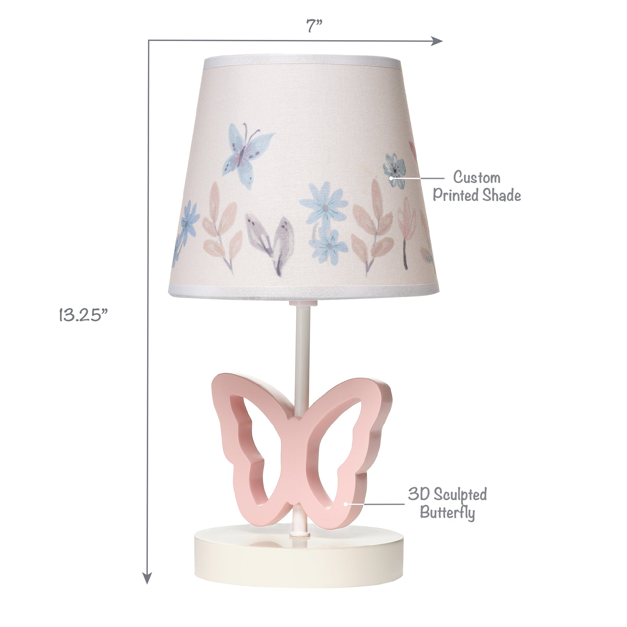 Baby Blooms Pink Butterfly Nursery Lamp with Floral Shade Bulb
