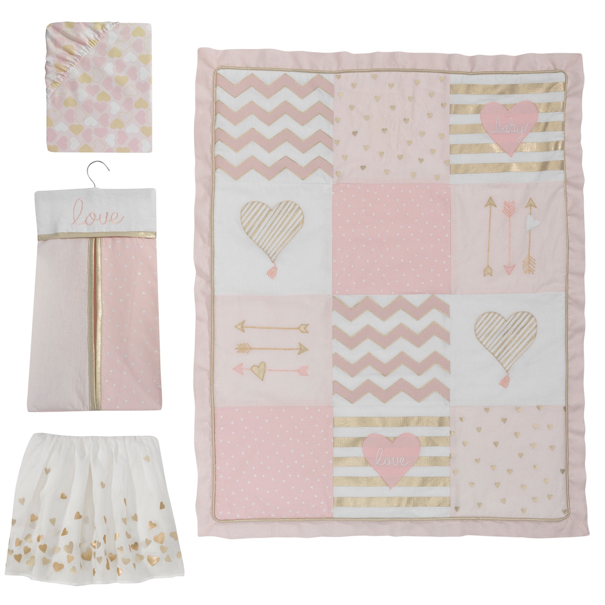 Baby Love Metallic Gold/Pink/White Hearts, Stripes and Chevrons 4
