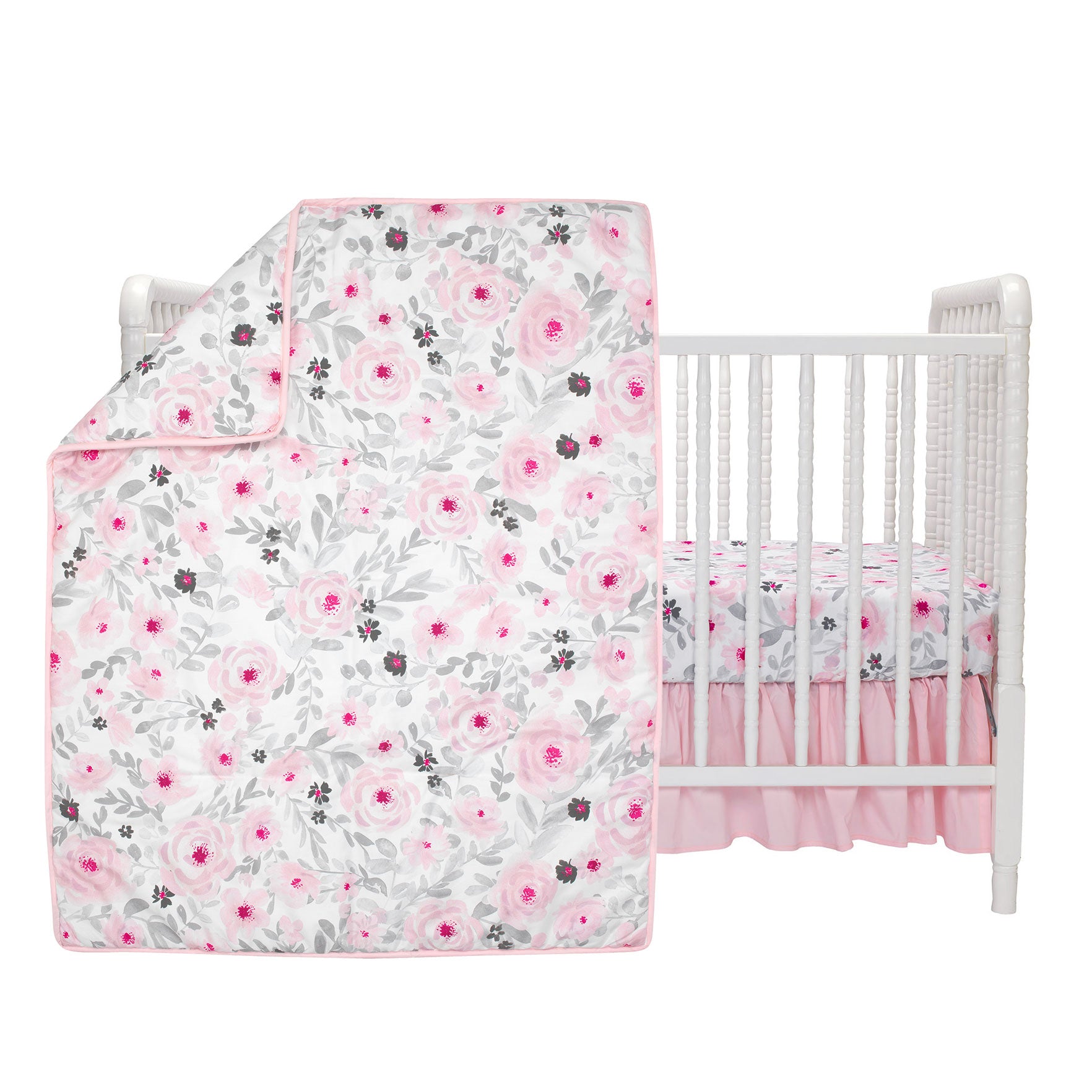 Blossom Pink Watercolor Floral 3-Piece Baby Crib Bedding Set