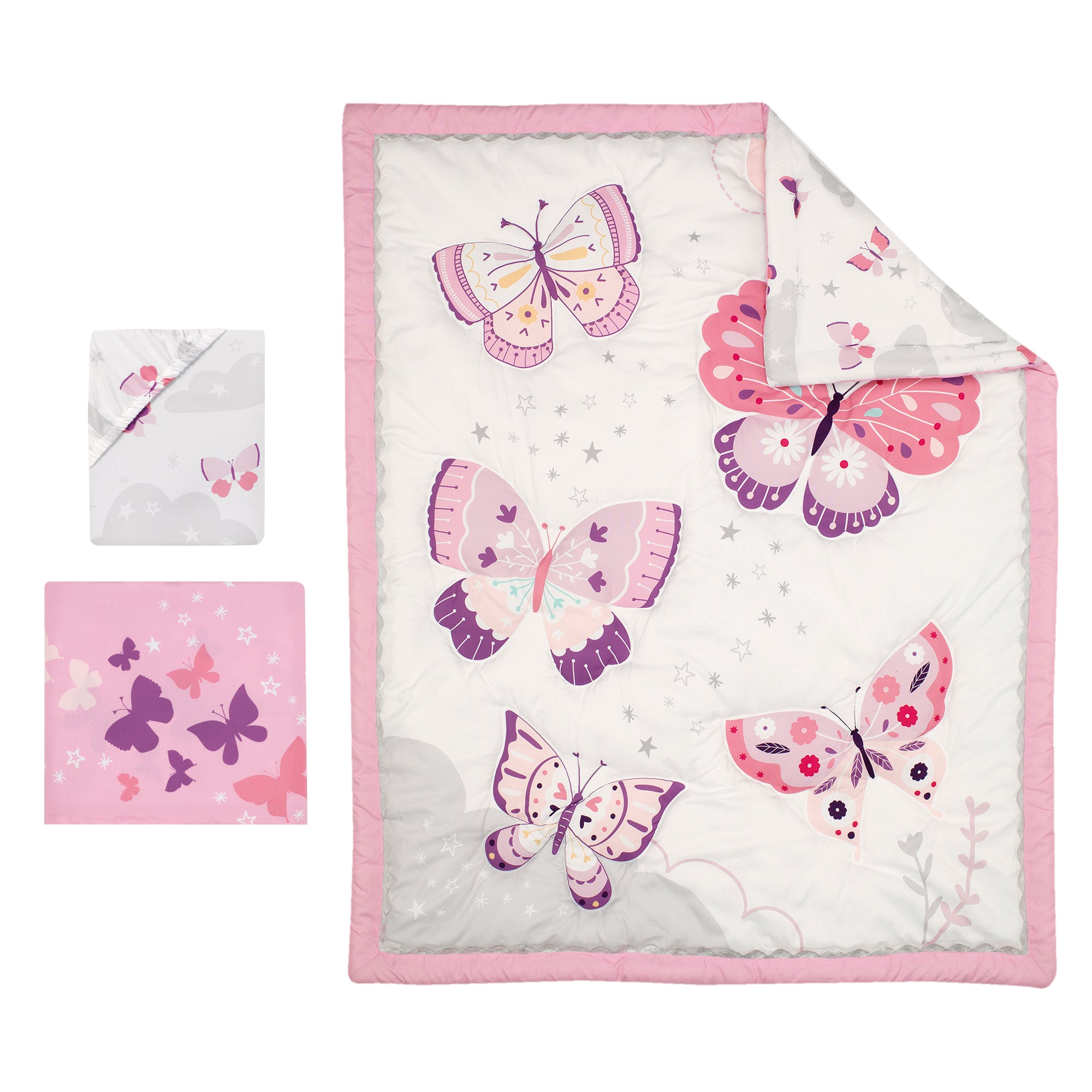 Butterfly Kisses Pink/Purple 3-Piece Baby Crib Bedding Set – Lambs