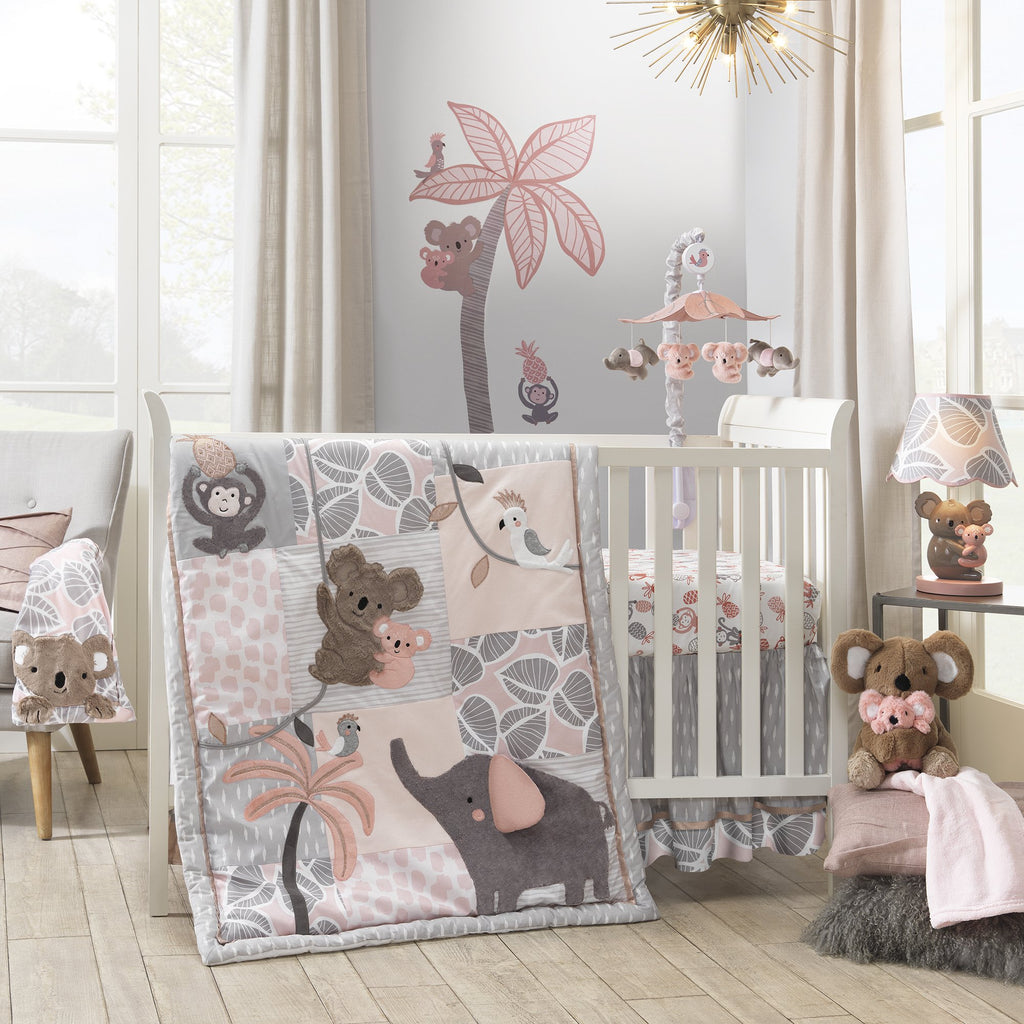 Calypso Pink/Gray Koala, Elephant & Monkey Nursery 4-Piece Baby