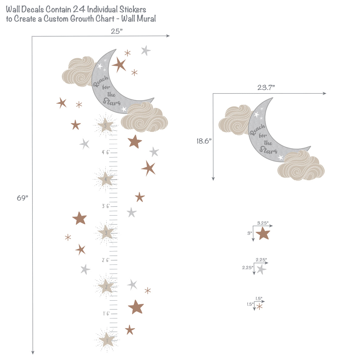 Celestial Moon & Stars Toddler/Kids Growth Chart Wall Decal/Sticker
