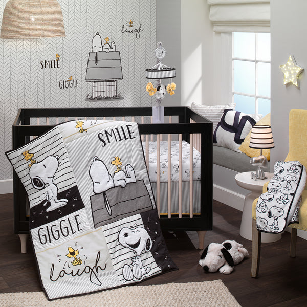 Classic Snoopy White Black Gray 3 Piece Baby Crib Bedding Set Lambs Ivy