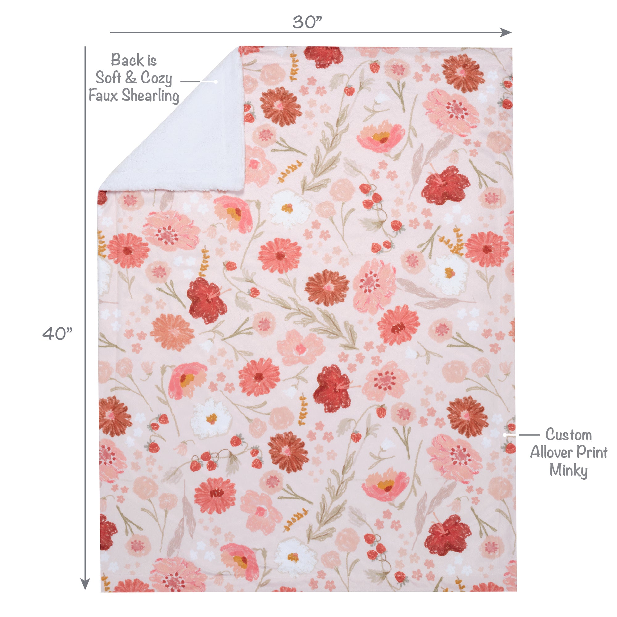 Flower Power Floral/Strawberry Soft/Cozy Fleece Baby Blanket