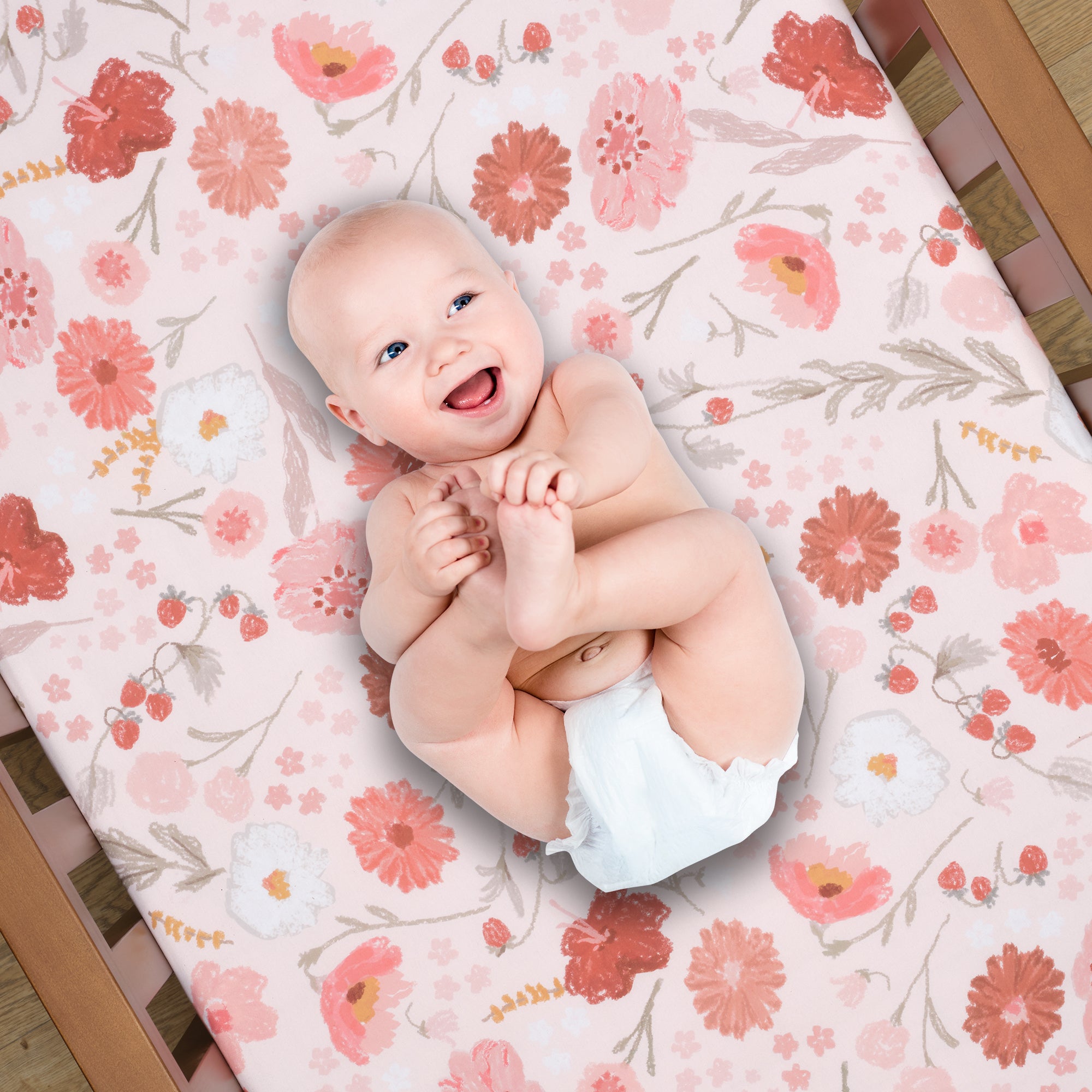ハンドメイド スリーピングベイビー ナチュラルフラワー Flower Power Floral/Strawberry Baby Fitted Crib/Toddler Sheet