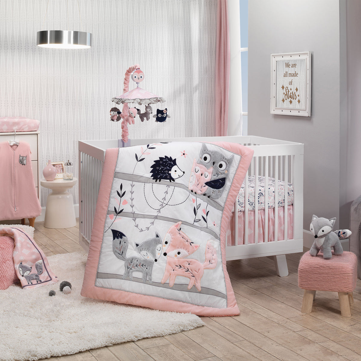 Forever Friends White/Pink/Gray Woodland Fox/Owl 4-Piece Nursery Crib ...