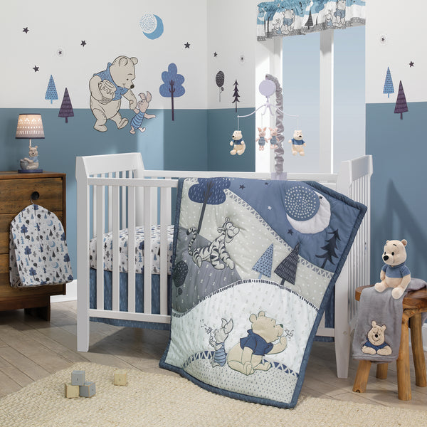 Disney Baby Forever Pooh Blue Gray Bear 3 Piece Baby Crib Bedding Set Lambs Ivy