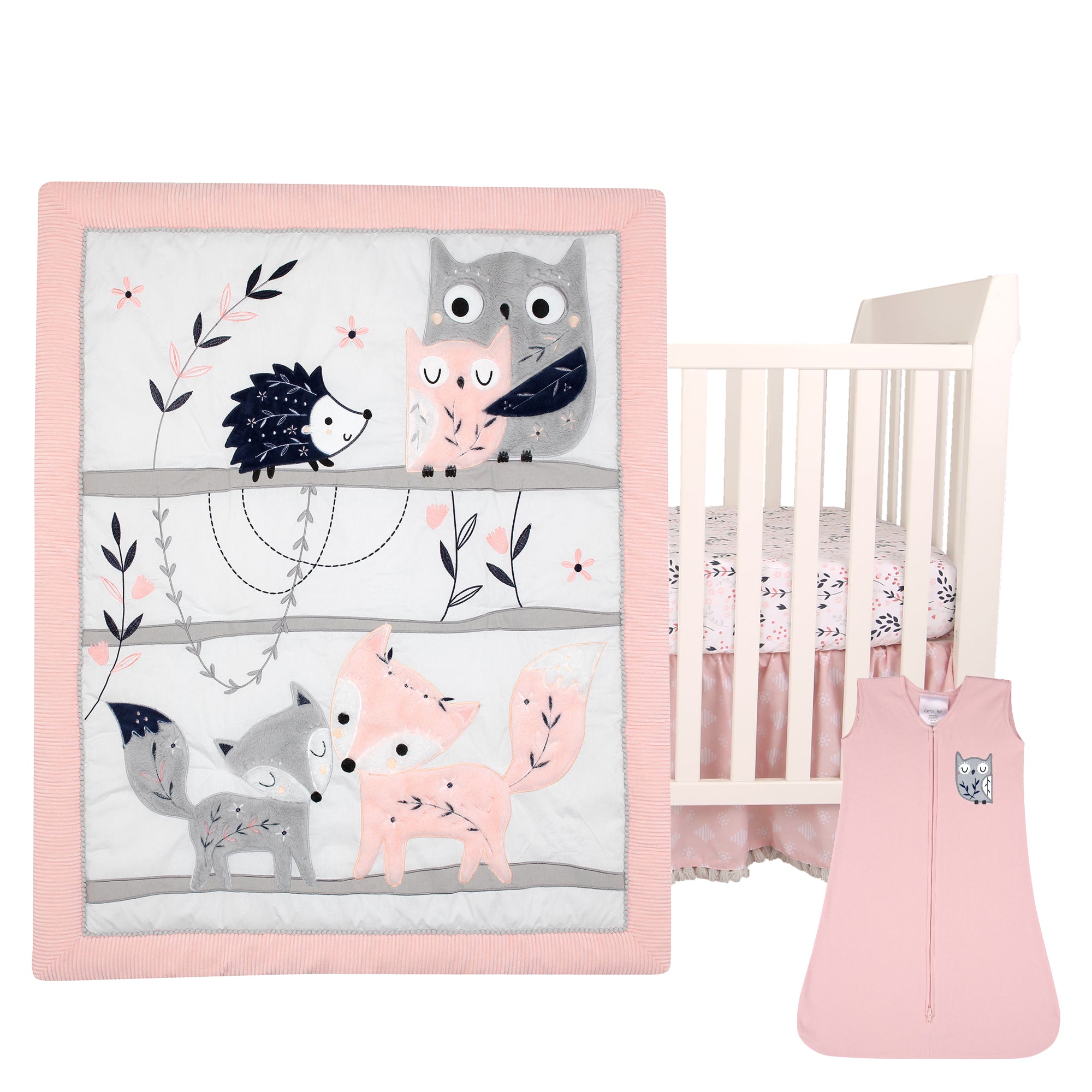 Forever Friends White/Pink/Gray Woodland Fox/Owl 4-Piece Nursery