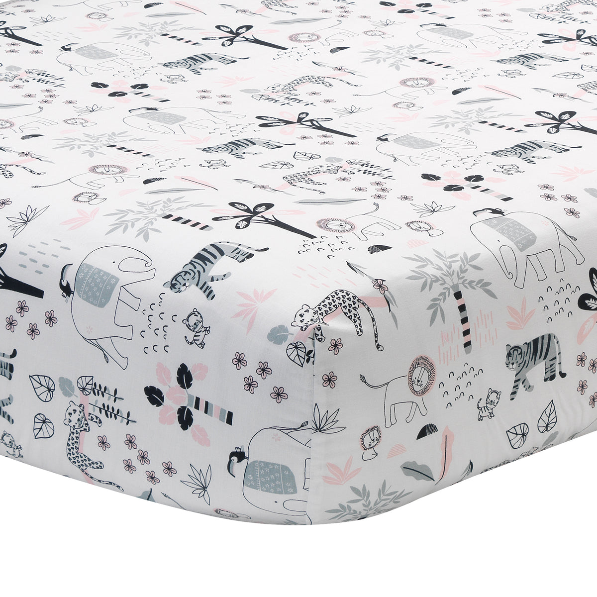 Happy Jungle 100% Cotton Safari Animals Fitted Crib Sheet - White ...