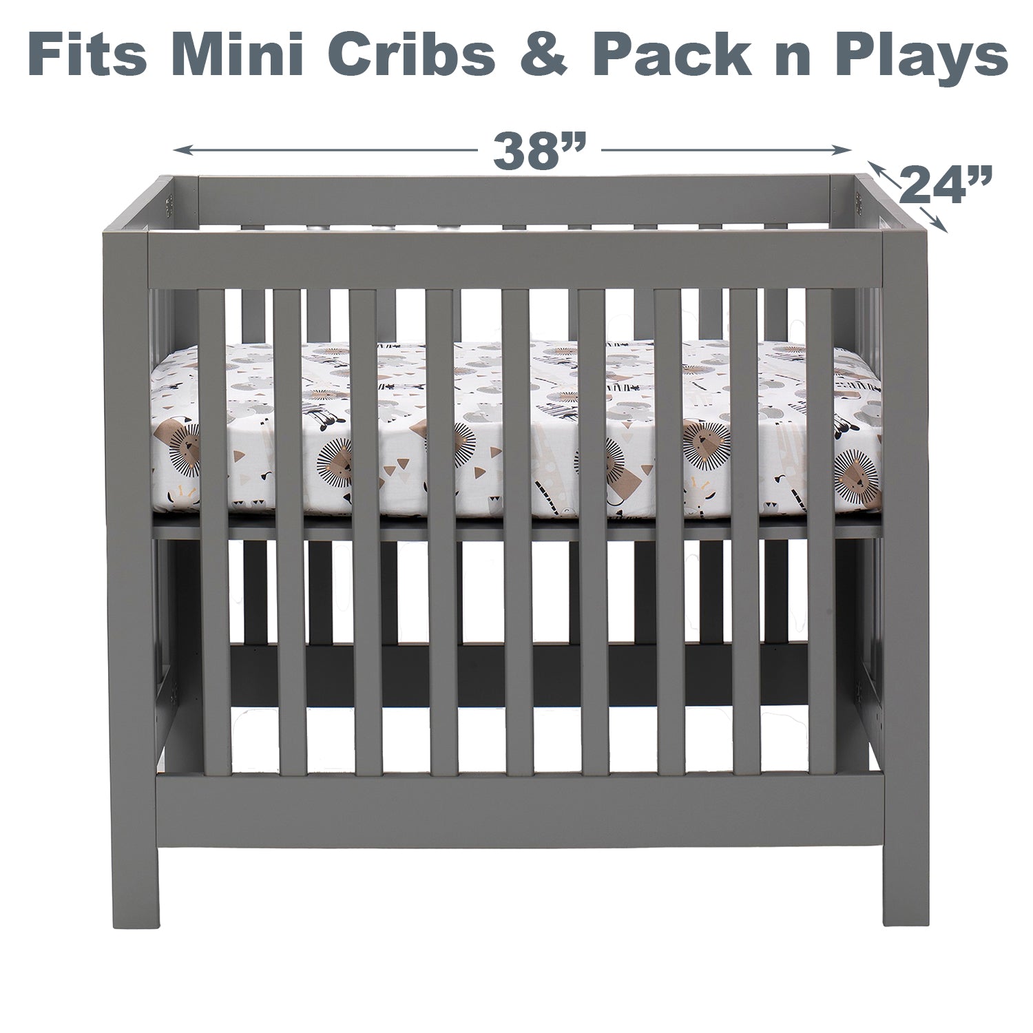 Jungle Safari Cotton White/Gray Elephant/Lion Fitted Mini Crib