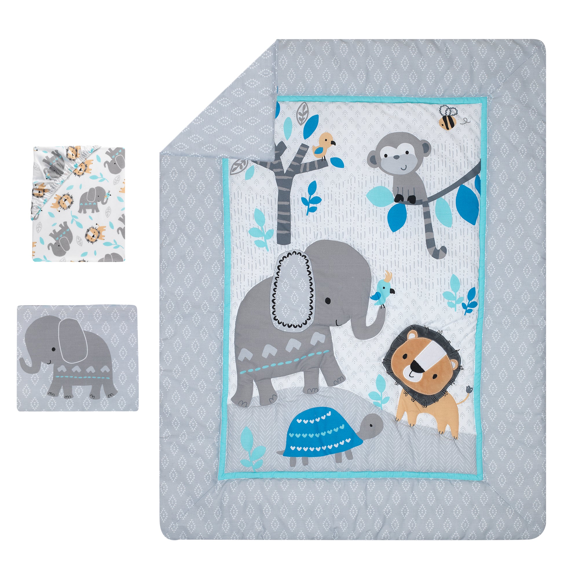 summer infant monkey jungle 4 piece crib bedding set Jungle Fun Gray/Blue/White Elephant, Lion and Monkey 3-Piece Baby Nursery Crib Bedding Set – Lambs & Ivy