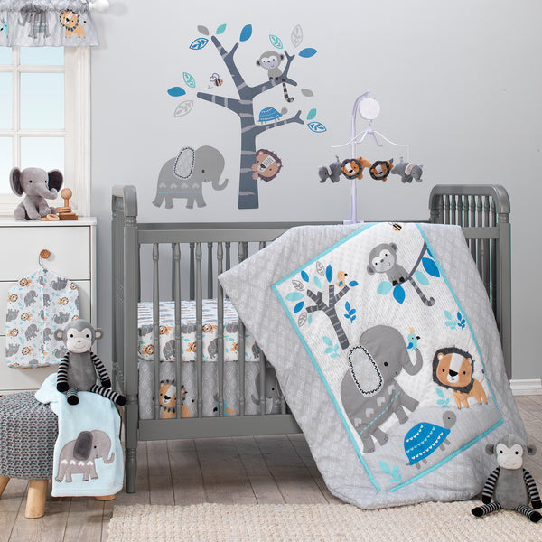 Jungle Fun Gray Blue White Elephant Lion and Monkey 3 Piece Baby Nursery Crib Bedding Set Lambs Ivy