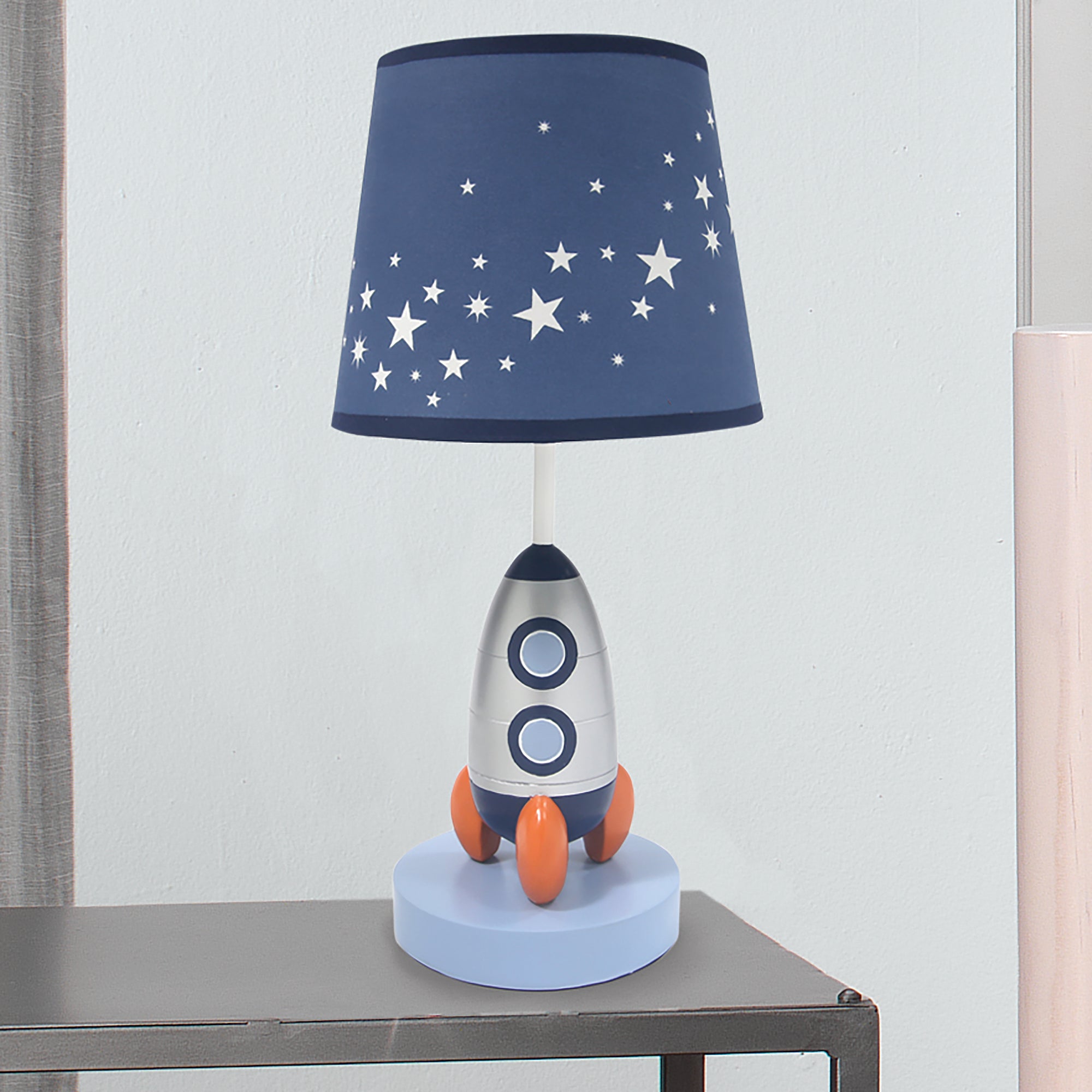 Milky Way Blue/Silver Rocket Ship Nursery Lamp with Shade Bulb
