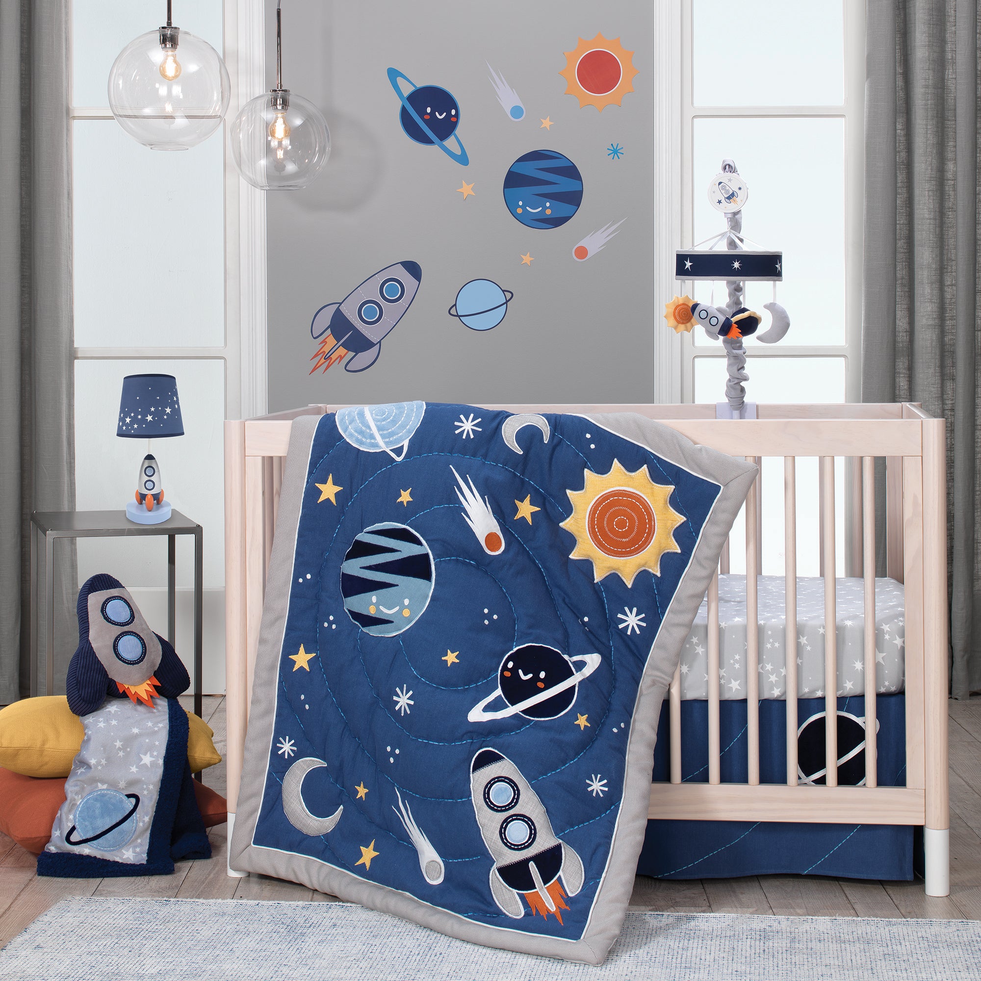 Milky Way Blue/Gray Celestial Space with Rocket and Planets