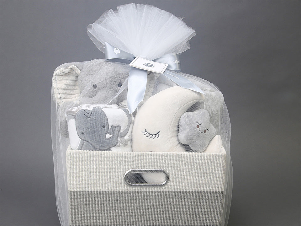 Baby Gift Basket Gray with plush and blankets