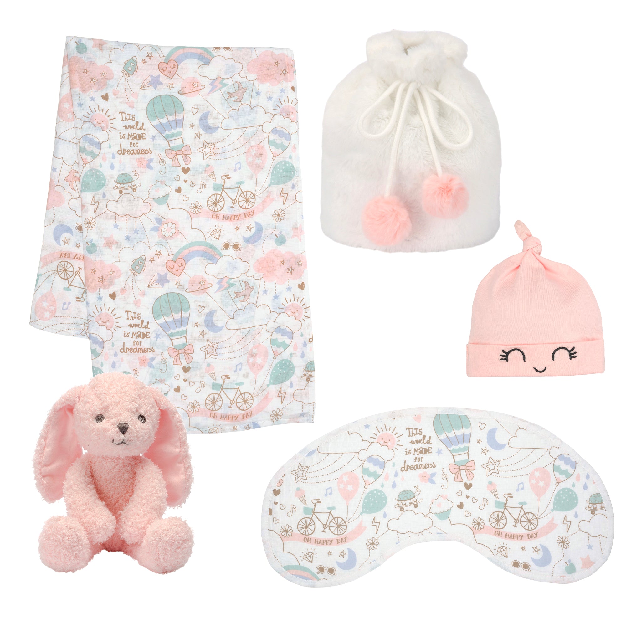5 Piece Pink/White Bunny Infant/Newborn Baby Gift Set w/ Swaddle