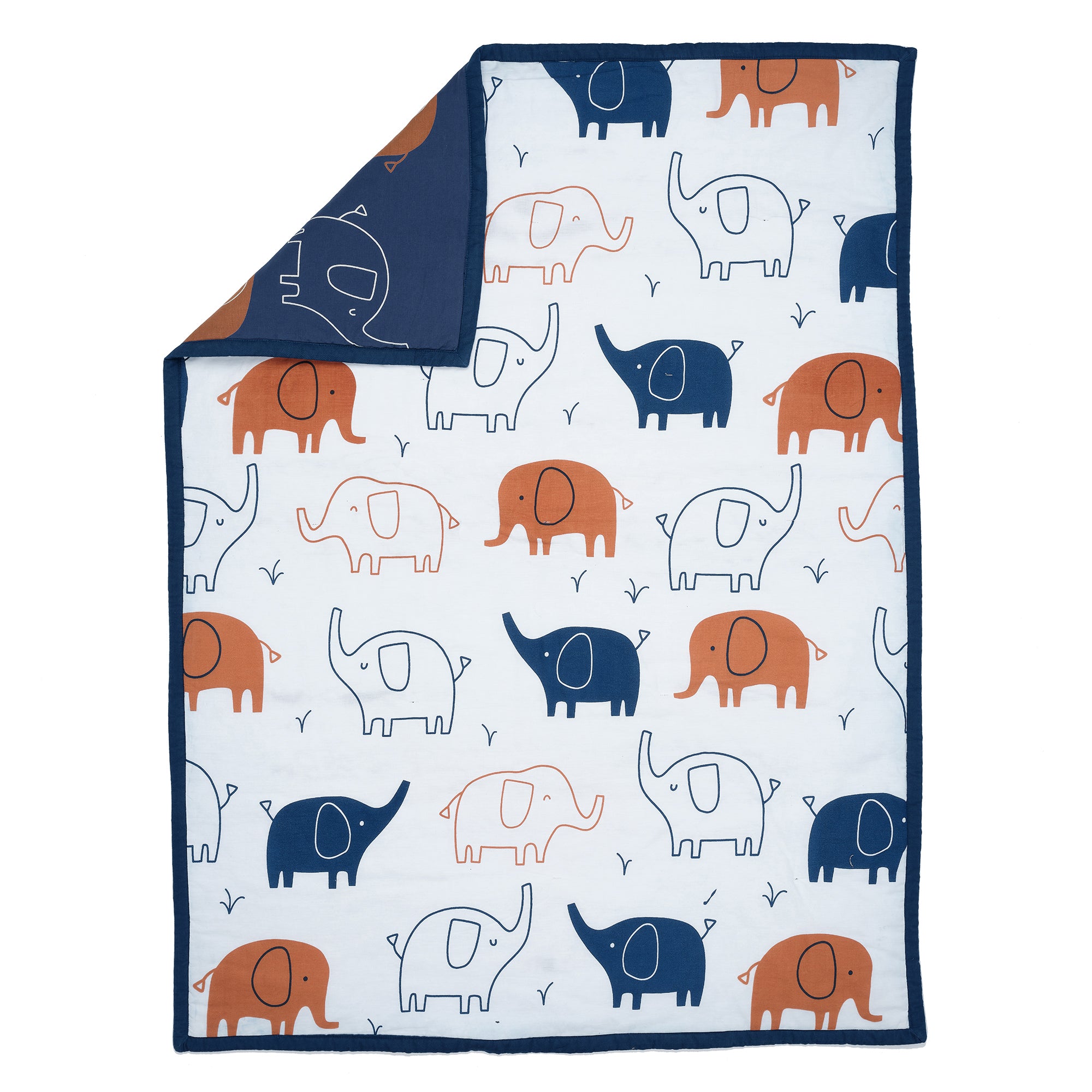 Playful Elephant Blue/White Cotton 3-Piece Baby Crib Bedding Set