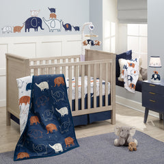 Playful Elephant Blue White Cotton 3 Piece Baby Crib Bedding Set Lambs Ivy