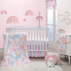 Rainbow Hearts Pink Purple 3 Piece Baby Crib Bedding Set Lambs Ivy