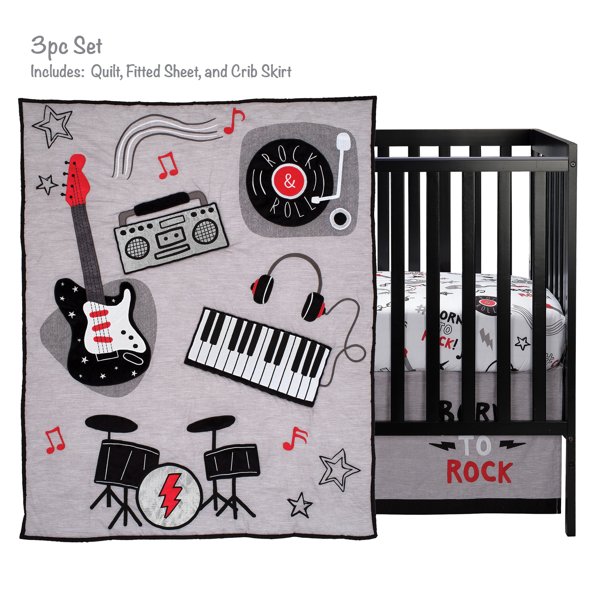Rock Star Musical Instruments 3-Piece Baby Crib Bedding Set Gray